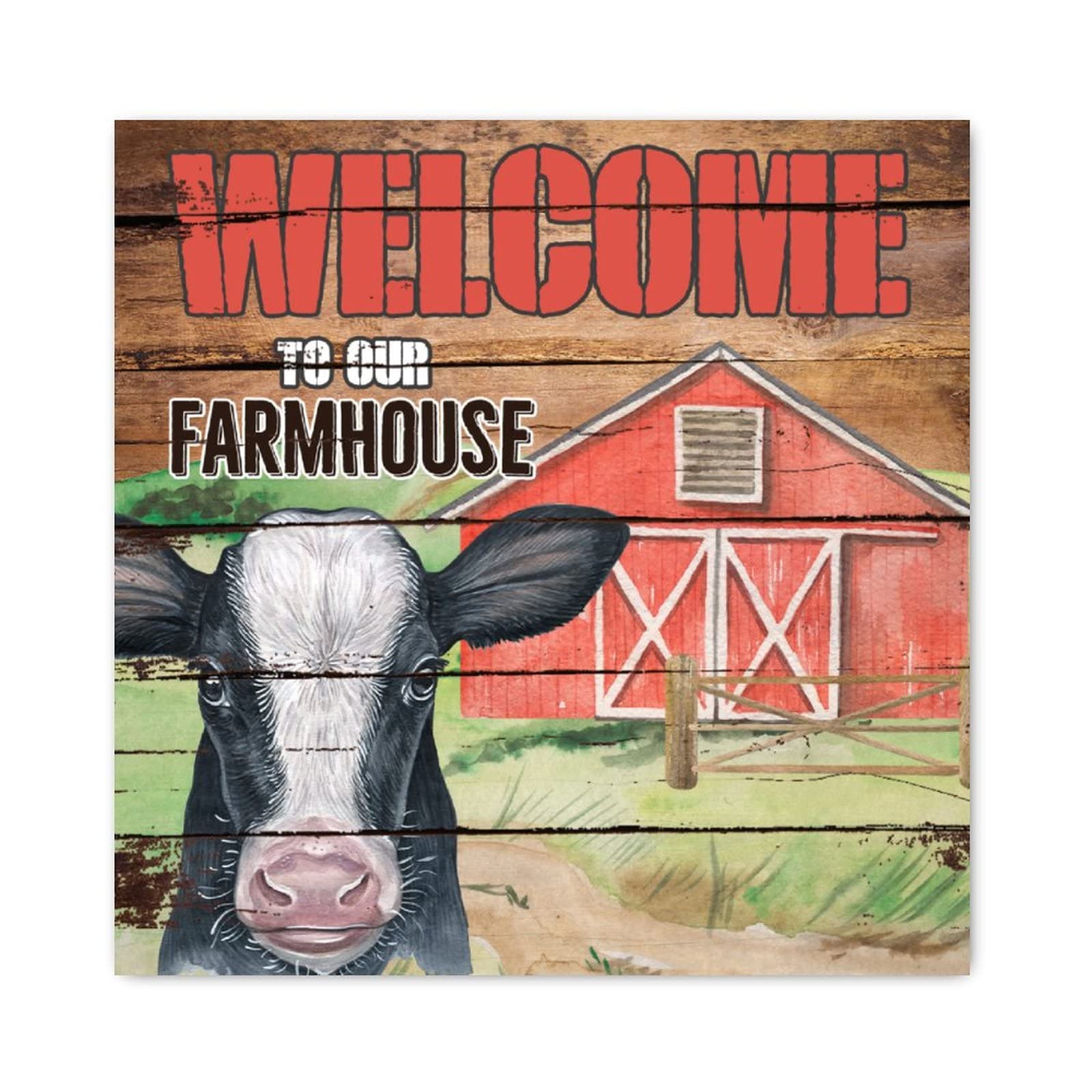 Panneau mural en bois Welcome to Our Farmhouse motif vache rouge déco rustique salon 30,5 cm