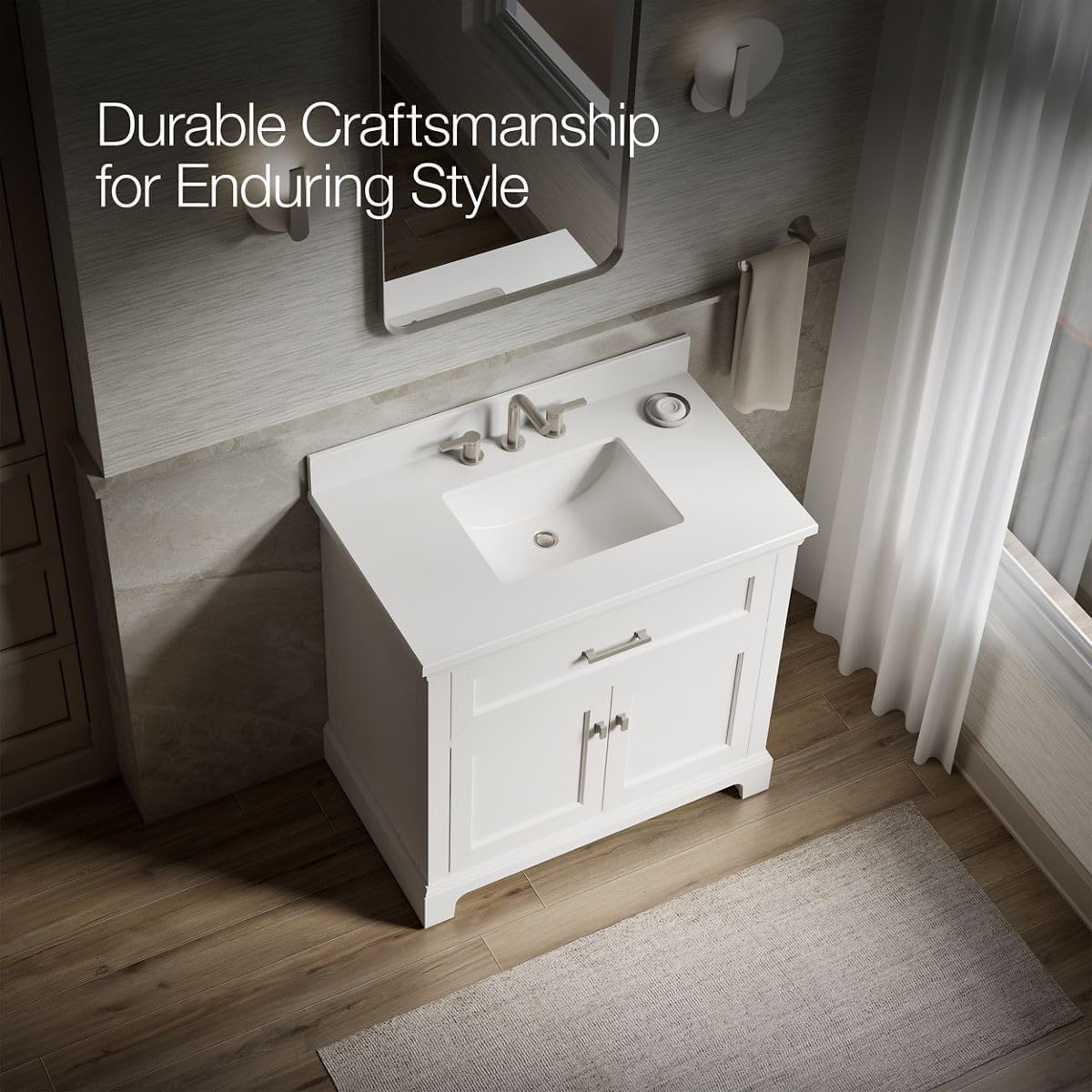 Kohler Charlemont 36" Bathroom Vanity Cabinet with White Sink and Quartz Top, Modern Bathroom Storage, White, K-29261-BD1-0
