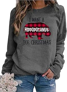 LLHXRUI I Want A Plaid Hippopotamus for Christmas Sweatshirt for Women Funny Christmas Pullover
