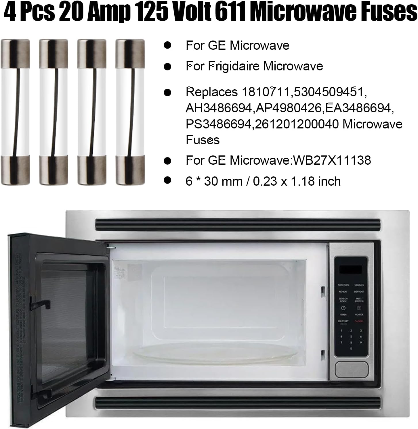 4PCS WB27X11138 Microwave Fuse 20 Amp 125 Volt Fuses Replacement for GE,Frigidaire Microwave,Replaces 5304509451,1810711,AH3486694,AP4980426,EA3486694,PS3486694 Microwave Fuses