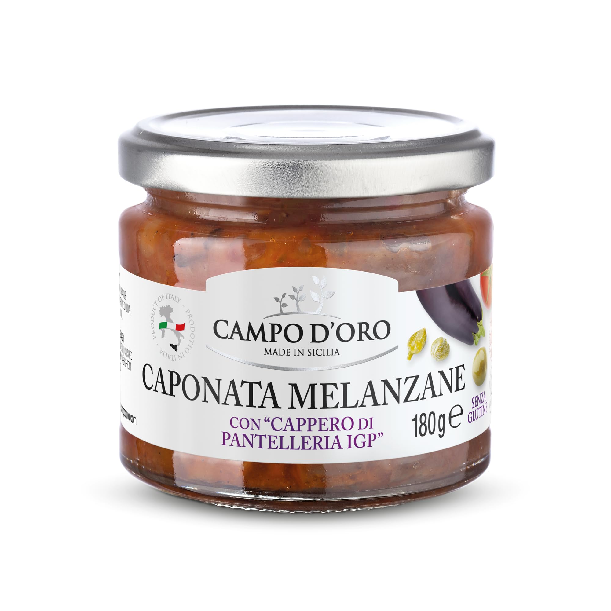 CAMPO D'ORO - Sicilian Eggplant Caponata, Glass, Jar 6.3 oz, Sicilian recipe for antipasto, appetizer, side dish or pasta with Eggplant, Tomato, Onion, Celery, Olives and Capers
