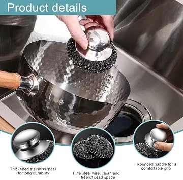 Stainless Steel Scourer With Handle, Steel Wool Scrubber with 4 Replacement Pads and 3 Silver Rag, 10 CM Stainless Steel Scrubber, Big Metal Wire Wool for Cleaning Kitchen Pots Pans Grills Sink