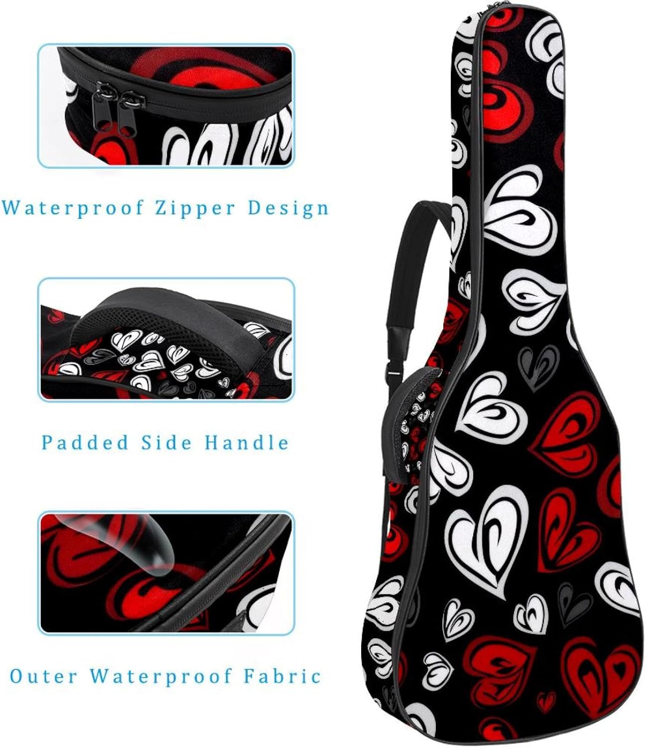40 41 42 Inch Acoustic Guitar Bag, 0.4 In Thick Sponge Padded Guitar Case Gig Bag with Back Hanger Loop and 2 Pockets, White and Red Hearts
