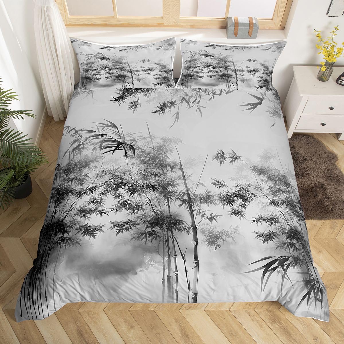 Homemissing Bamboo Print Duvet Cover Set Cot Size For Kids Boys Girls Bamboo Ink Painting Bedding Set Japanese Style Duvet Cover with 1 Pillowcase Anime Hokusai Pattern Bedding