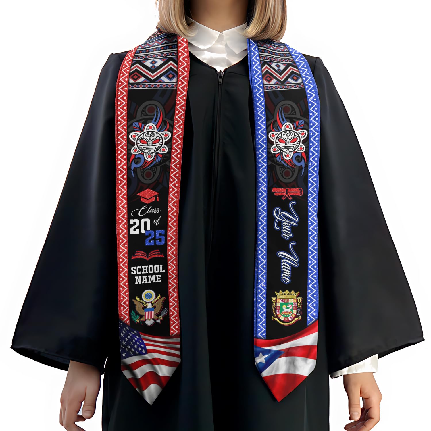 MonkeyVan Personalized Puerto Rico Graduation Sash 2025, Custom Puerto Rican American Flag Graduation Stole Class of 2027 S155