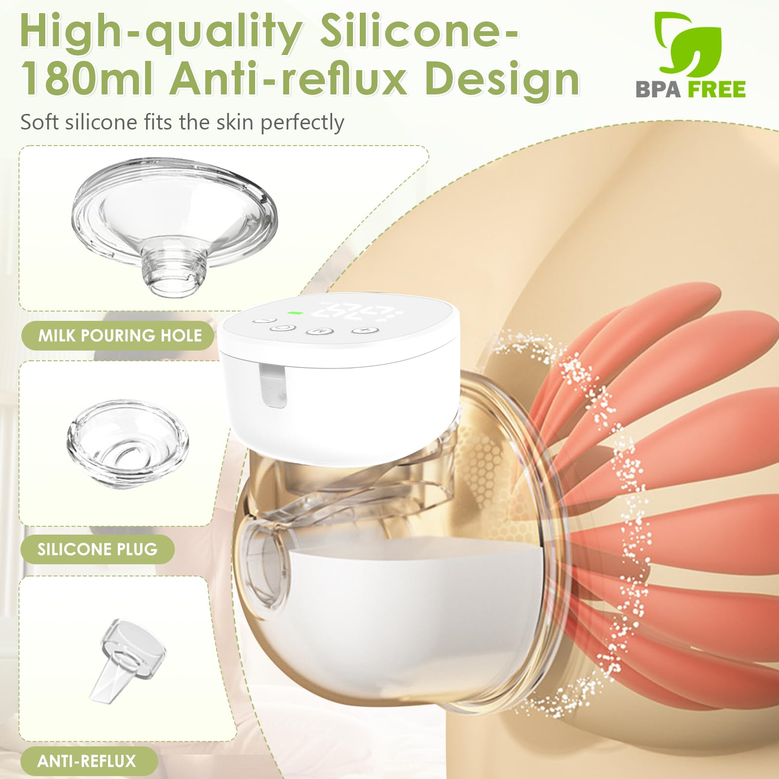 Journeyside Tiralatte Portatile Elettrico, Tiralatte Indossabile Tiralatte Elettrico a Mani Libere con 3 Modalità e 9 Livelli, Display a LED, Tiralatte Leggero Ultra Silenzioso, Flangia 24 mm - 4