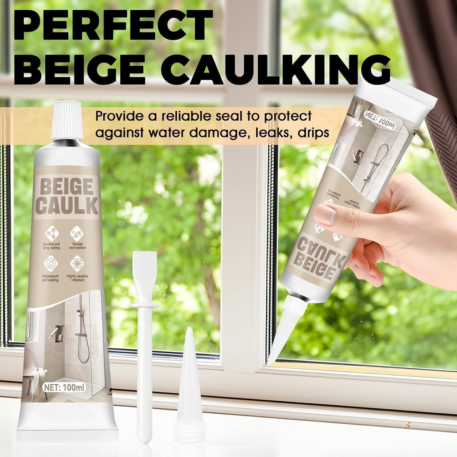 JAOJAOSilicone Caulk, Brown Caulk Water-Resistant Adhesive Perfect Seal for Interior and Exterior Use Reliable and Effective Long-Lasting Protection for Doors Windows Siding Roofing (Beige, 100ML)