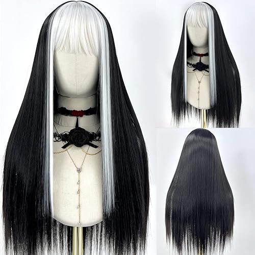 Fugady Black and White Wig with Bangs Straight Wig with Bangs Long Straight Wig with Bangs Egirl Wig Wigs for Women Heat Resistant Wig Split Color Wig Cosplay Wig Party Wig (Synthetic 24 Inches)