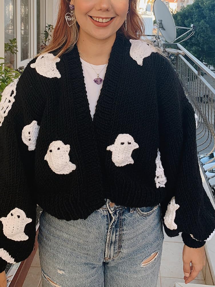 Lunoakvo Women Ghost Halloween Cropped Long Sleeve Open Front Knitt Cardigan Sweater - Image 3