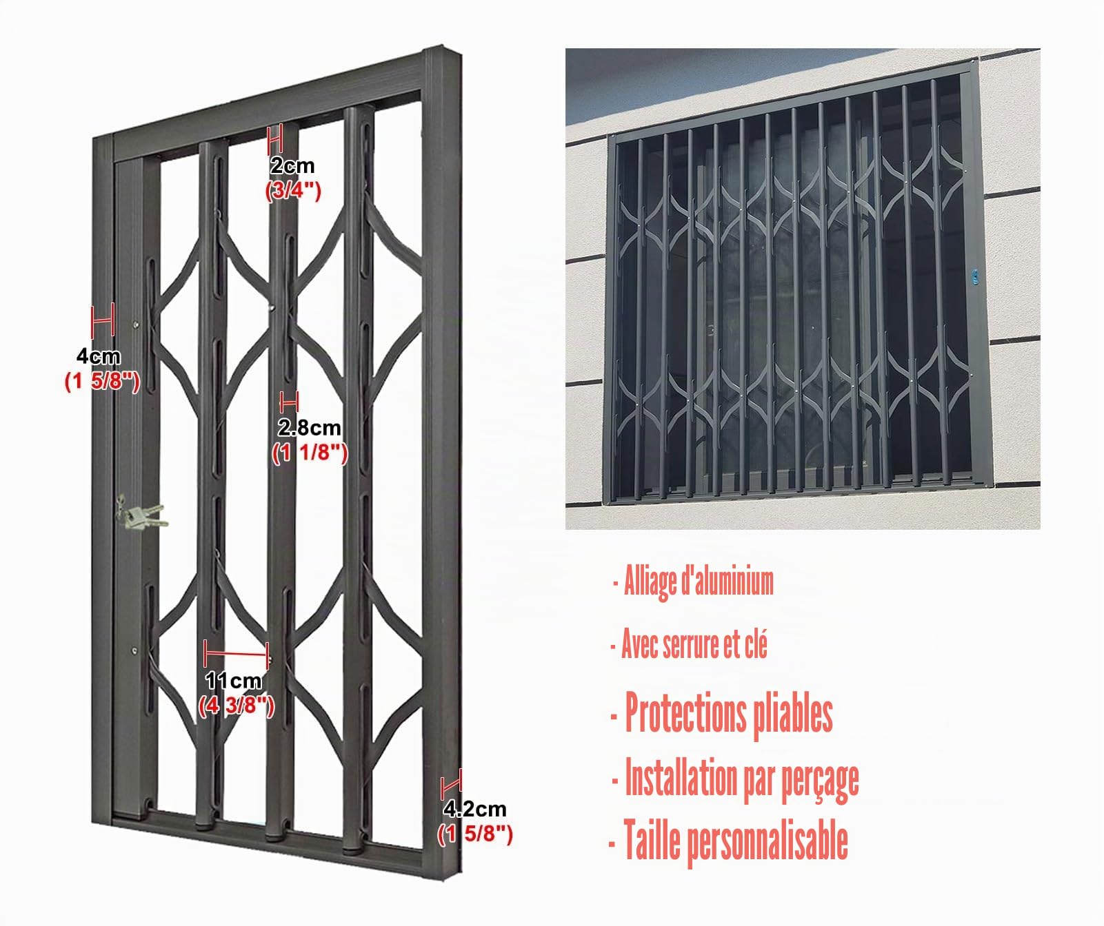 Garde Corps Fenetre Grille de Sécurité pour Porte-fenêtre/Porte Coulissante Anti-effraction avec Serrure, Barreaux de Sécurité Gris pour Fenêtre, Grille de Sécurité Pliable(W80xH120cm/32x48in)