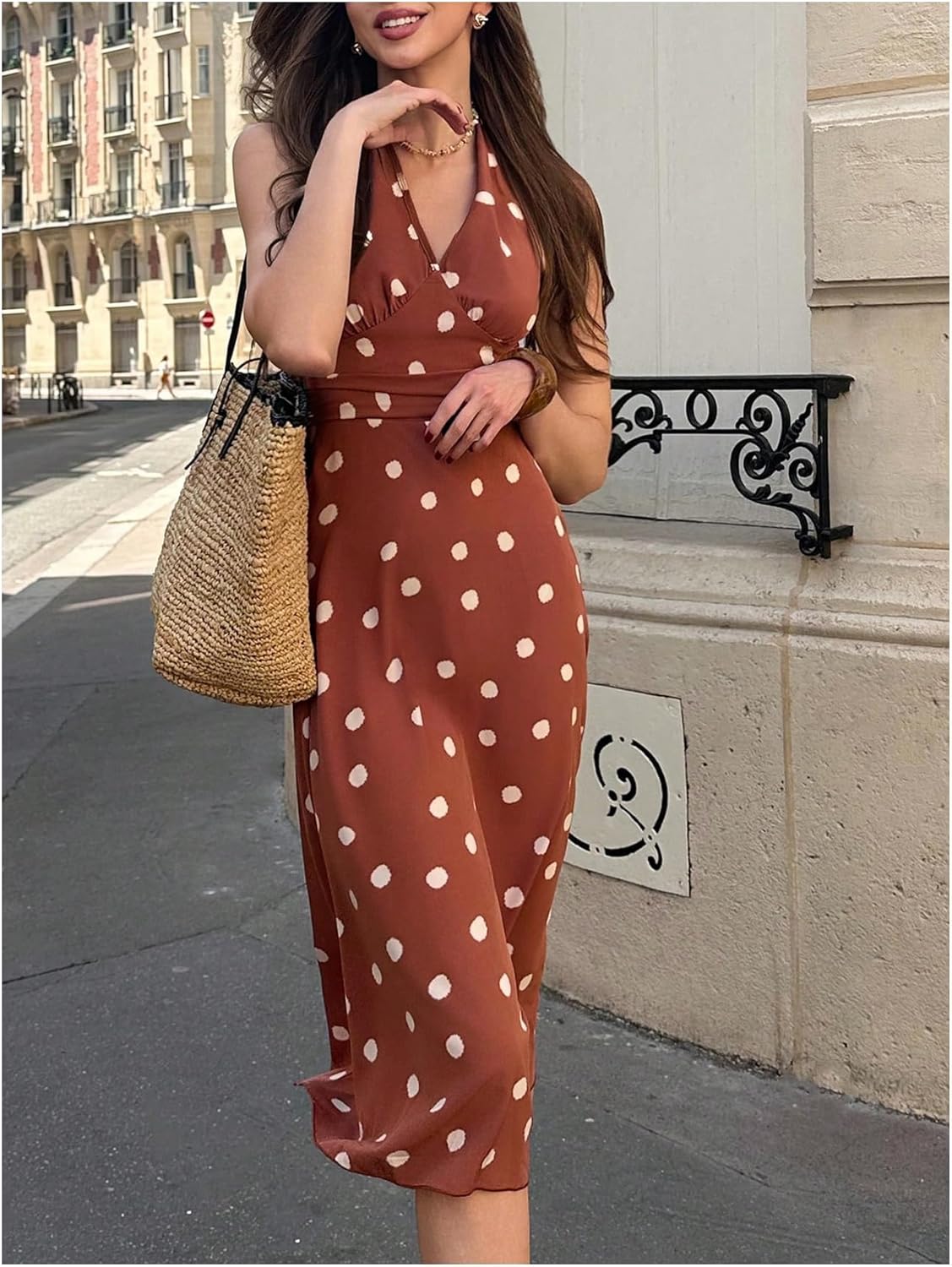 Milumia Women's Polka Dots Halter Midi Dress Tie Back Sleeveless A Line Summer Dresses - Image 4