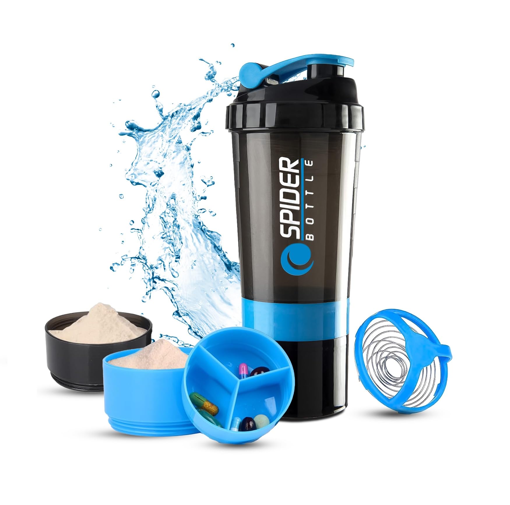 Active 100 Protein Shaker Bottle 500ml With Extra Compartment - Gym Shaker Bottle For Men & Women, Perfect For Protein Shakes & Supplements (Blue)