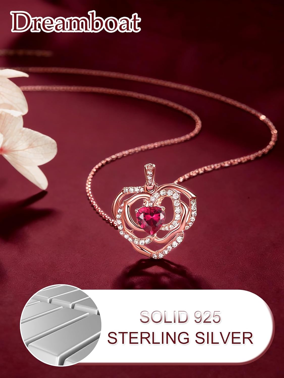Dreamboat Rose Necklace for Women Flower Heart Necklace Heart Pendant Sterling Silver Valentines Day Gifts for Her Jewelry - Image 2