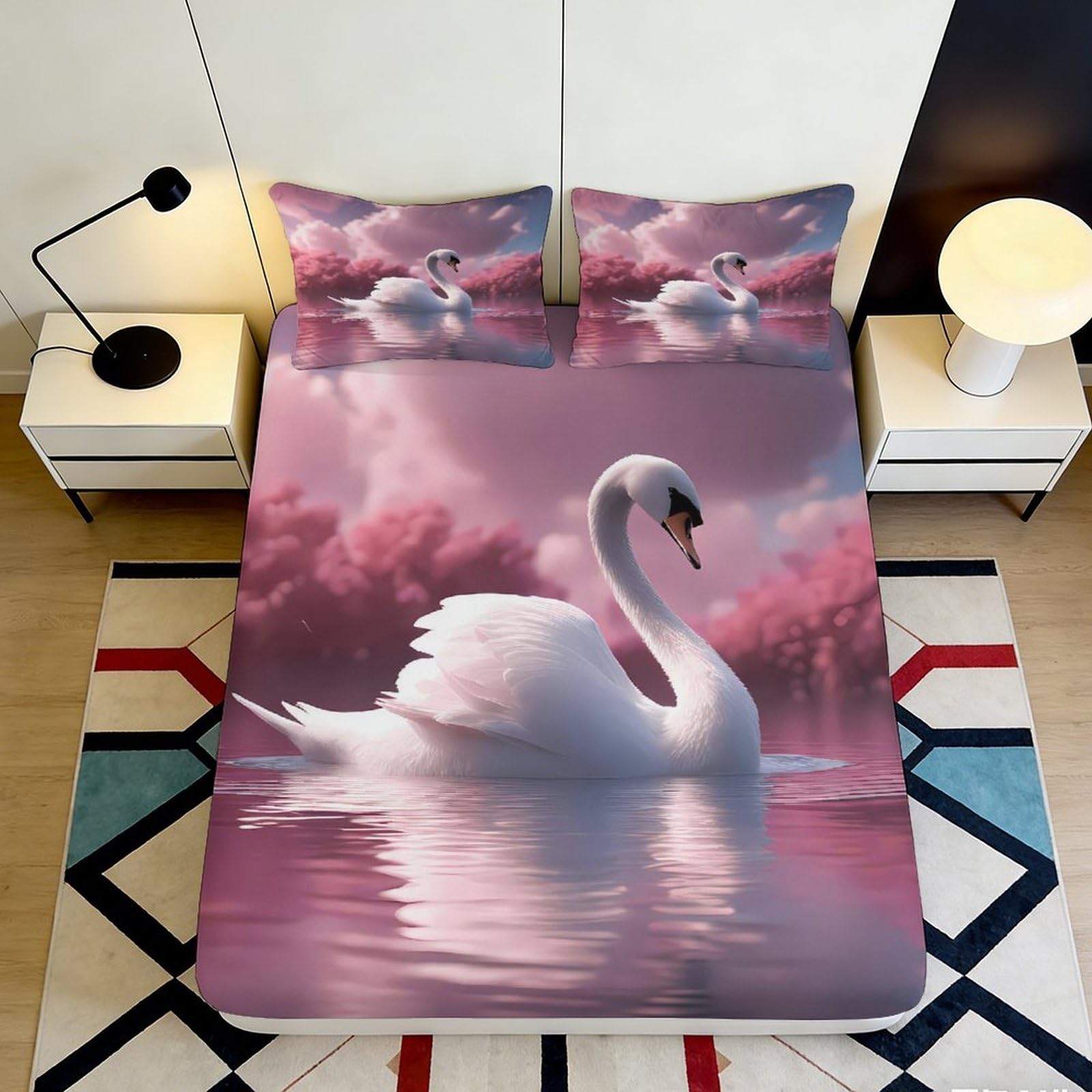 3D Printed Swan Lake Fitted Sheet Microfiber Pink Water Reflection Mattress Cover for Bedroom Guest Room Home Decor 180x200x25cm