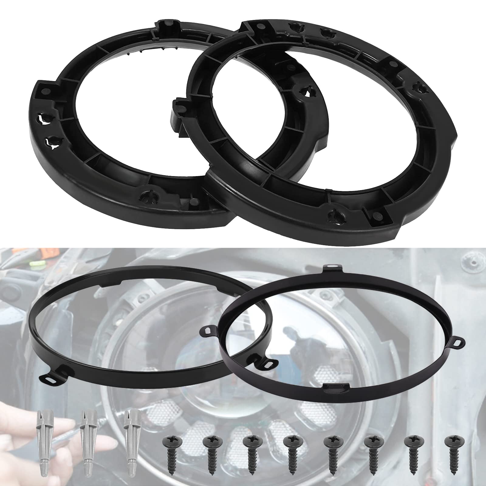 BOMLING 7 Inch 1 Pair Round Headlight Mount Bracket with 1 Pair Headlight Retaining Metal Ring compatible with Wrangler JK 2007-2017 Black, Installation Studs Included.