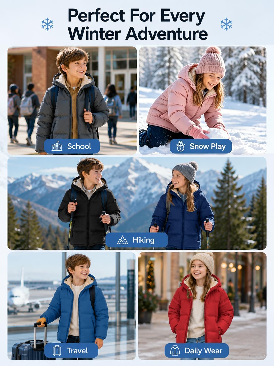 Kids Winter Coat Boys Sherpa Fleece Lined Jacket Girls Thermal Puffer Water-Resistant Outerwear with Detachable Hood
