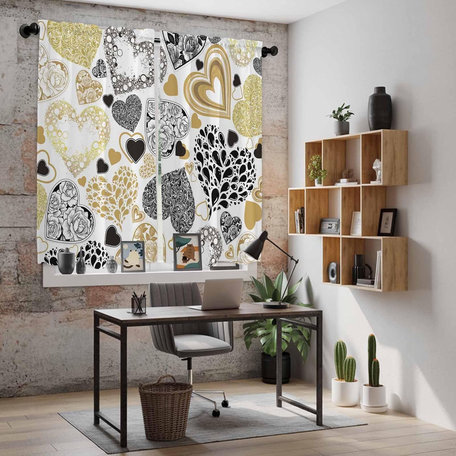 Valentine's Day Kitchen Curtains, Romantic Love Heart Roses Abstract Black Gold Light Filtering Window Curtain, 2Pcs Rod Pocket Window Treatments Set for Living Room Bathroom Bedroom 42x63 Inches