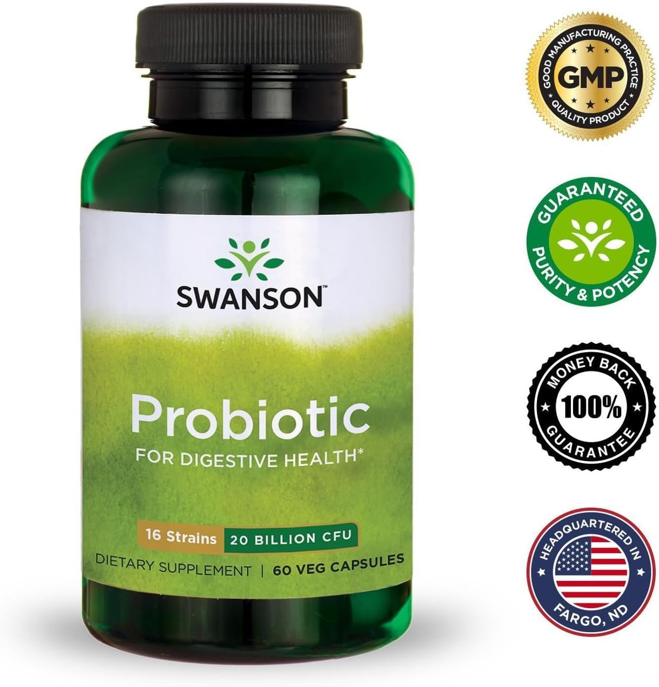 Swanson Probiotic for Digestive Health GI Tract Immune Support Travelers Support 20 Billion CFU with Prebiotic FOS 60 Veggie Capsules (Caps)