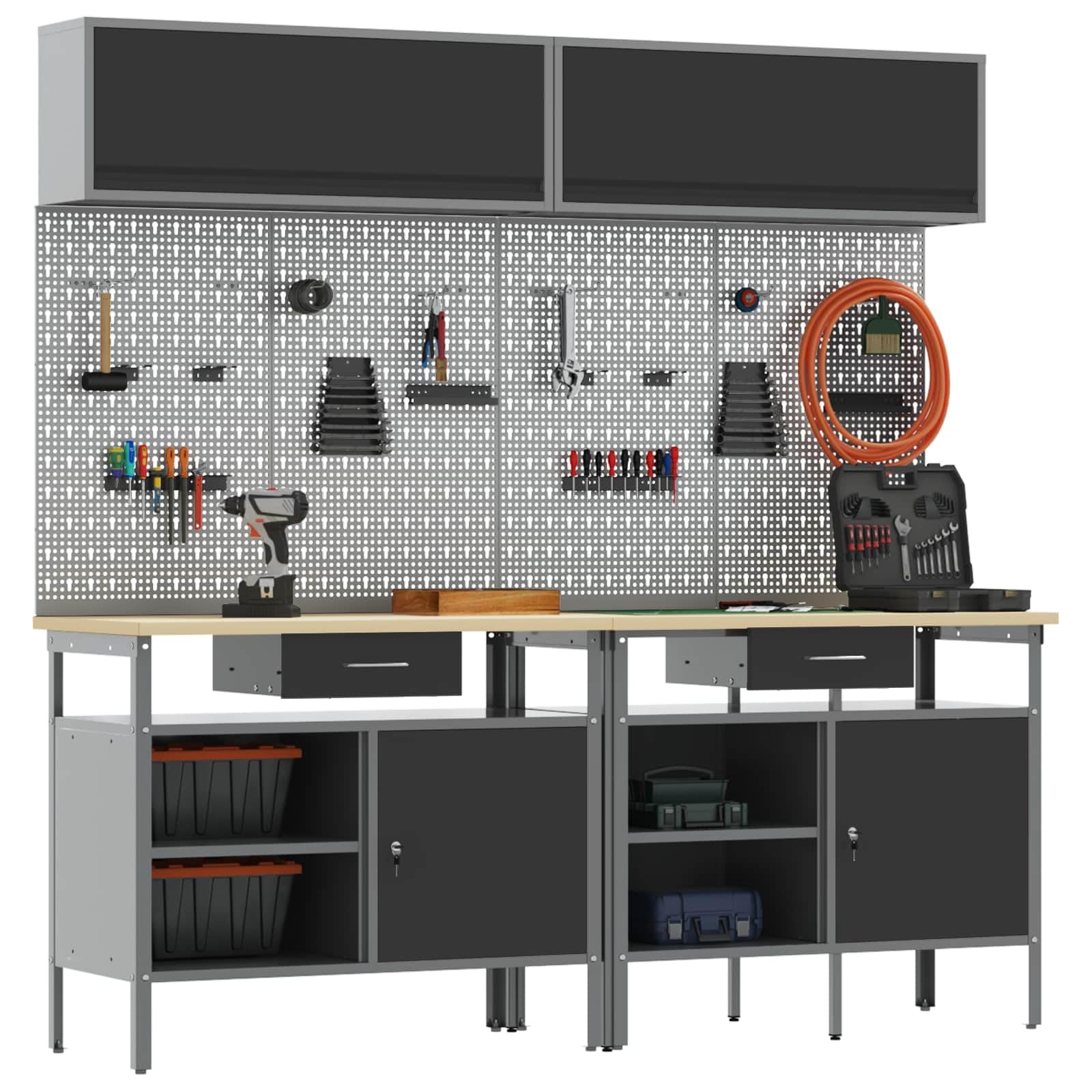 vidaXL Ensemble d'établi 8 pcs Noir et Gris Acier Enduit de Poudre, Organisation d'atelier, Banc de Travail rectangulaire, étagères Solides, Surface réglable, Solutions de Rangement d'outils