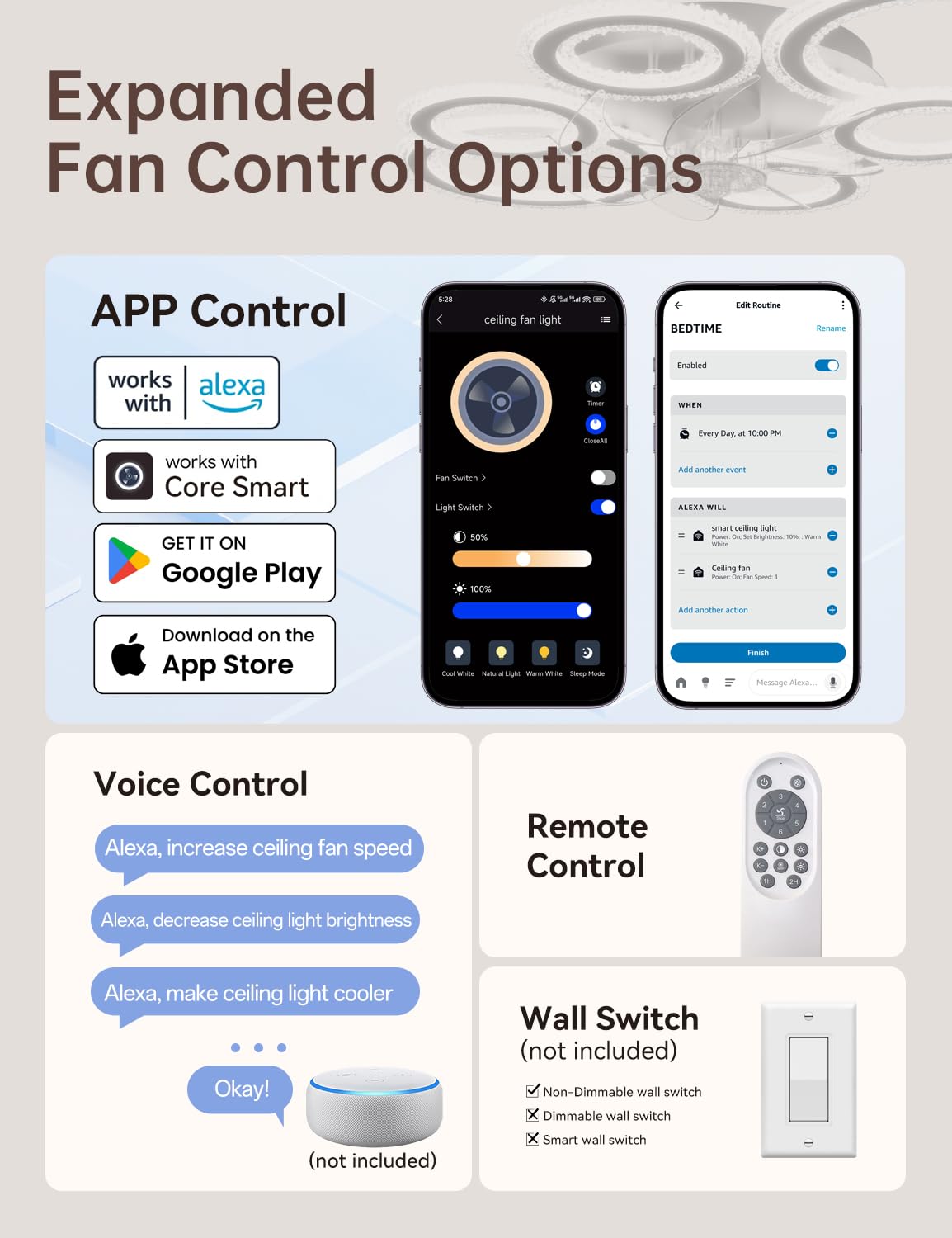 Deckenventilator mit Beleuchtung Smart und Dimmbar, Alexa & App Steuerung via Bluetooth (Kein WLAN), 6 Ring Deckenlampe mit Ventilator und Fernbedienung für Wohnzimmer, Schlafzimmer, Schwarz