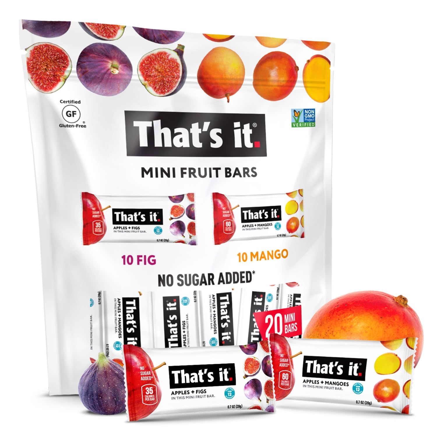 That's it. Mini Fruit Bars Variety (20 Pack) No Sugar Added, Plant-Based, Vegan & Gluten Free, Breakfast Bar, Paleo, for Children & Adults, Non GMO, Fiber