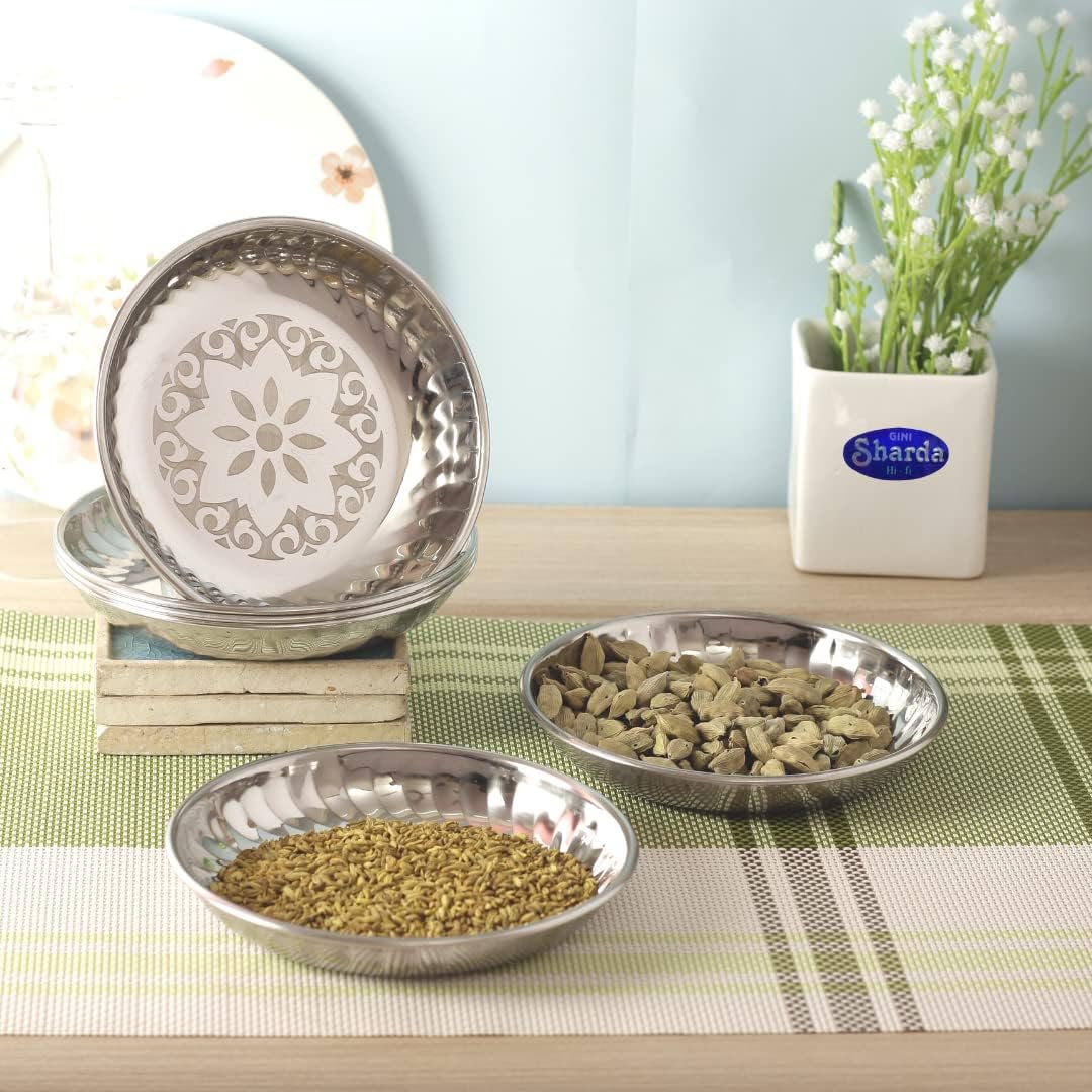 Sharda Metals Set of 6 Stainless Steel Side Serving Designer Plates Dishes, Small, Silver 1