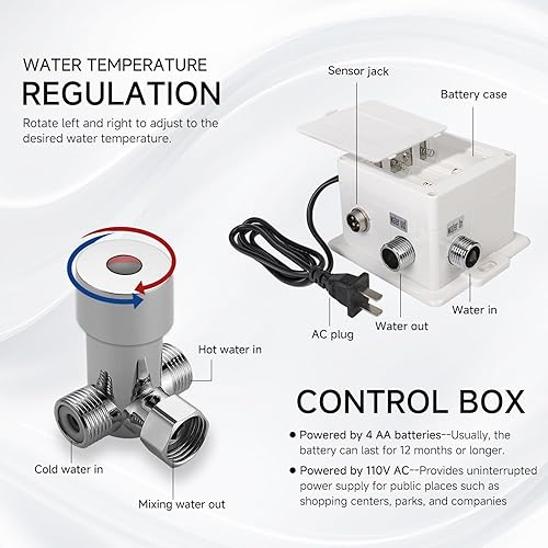 Miniatura 6 de Grifo de lavabo de baño sin contacto, manos libres, sensor de movimiento automático, grifo comercial de latón sólido con placa de cubierta, 1