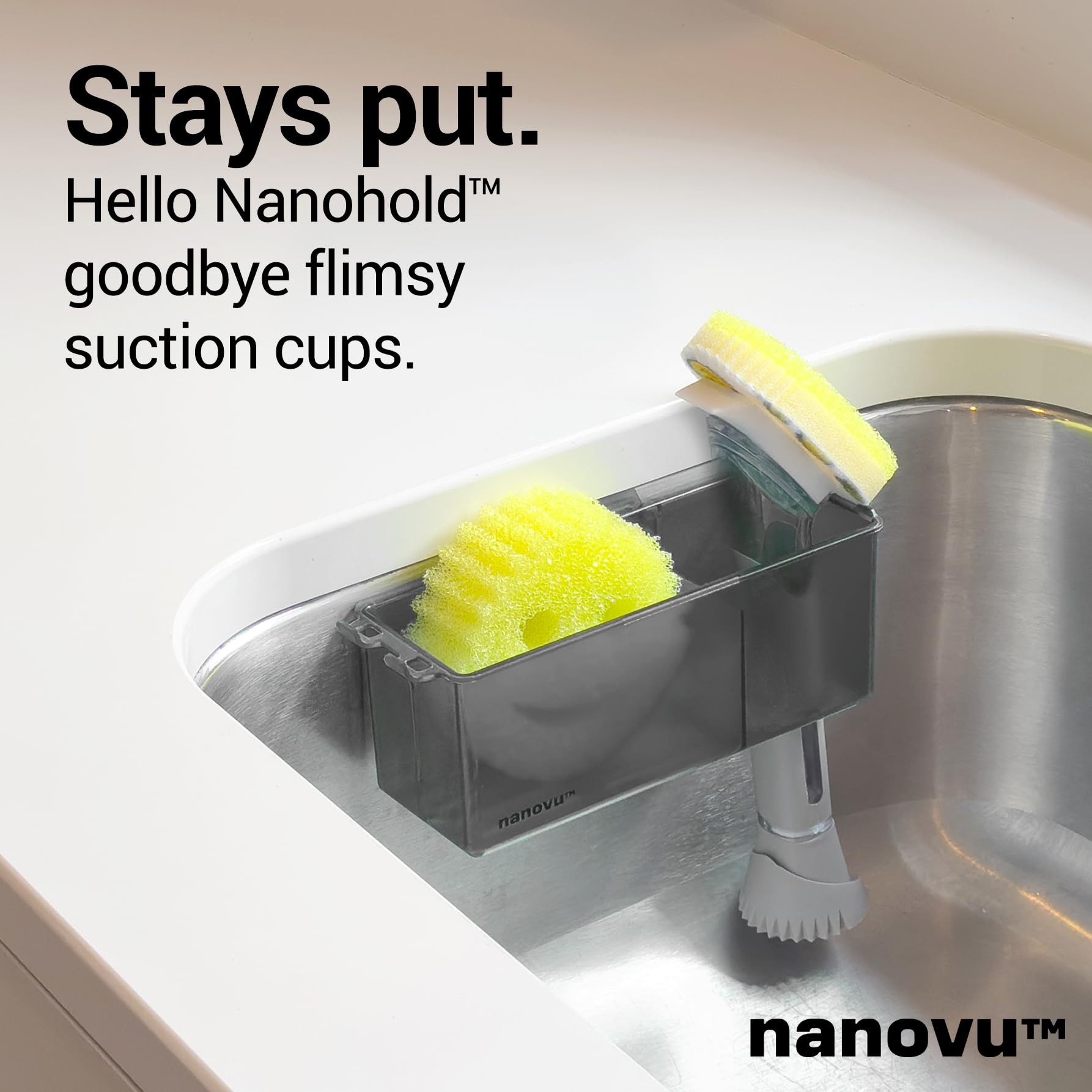 Nanohold Kitchen Sink Caddy for Flat Surfaces - Strong Hold Easy Install Kitchen Sink Organizer with Drainage Holes - Soap Sponge, Dishwashing Tools and Dish Brush Holder - Home Accessories by Nanovu