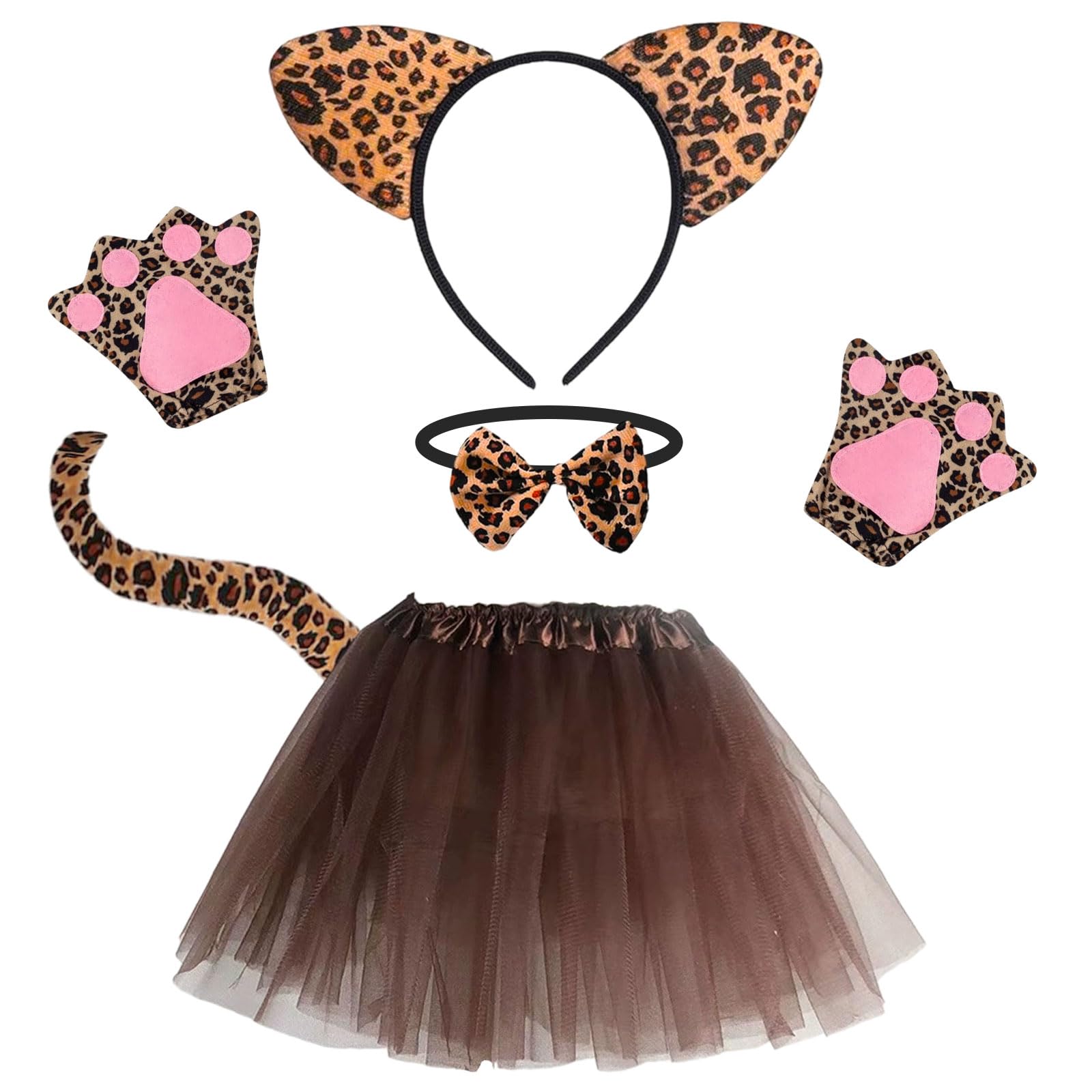 IOHJSA 5 Pieces Leopard Costume Set, Include Leopard Ears Headband Tail and Bow Tie Tutu Skirt Glove, Animal Costume Set, Accessories for Carnival Cosplay Halloween Christmas Party