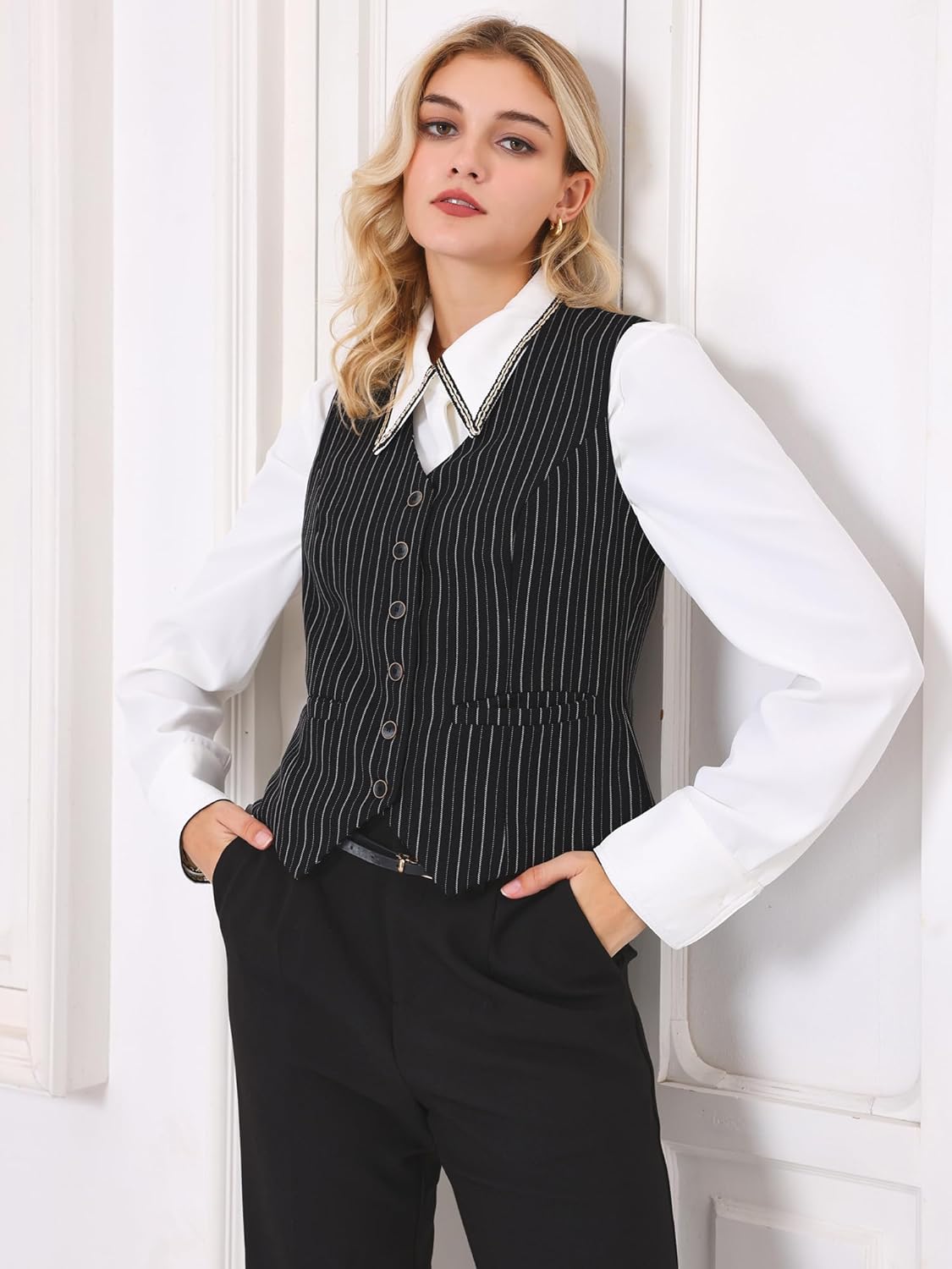 Women's Pinstripe Waistcoat Button Down Vintage Striped Vest