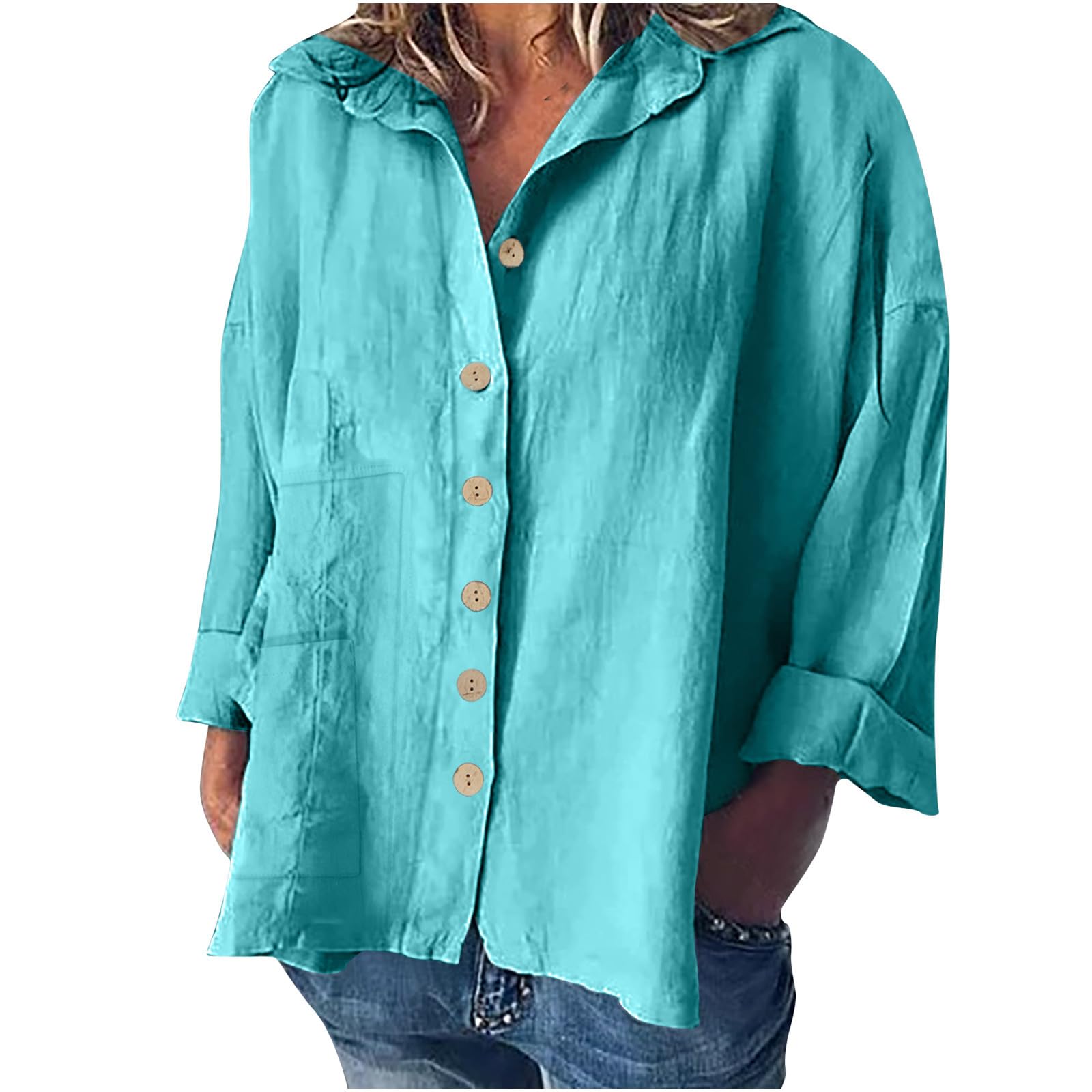 Button Down Shirts for Women Plus Size Long Bat Sleeve V-Neck Blouse Cotton Linen Tops for Work Lightweight Turndown Collared Casual Basic Shirts Oversized Tshirt UK Size