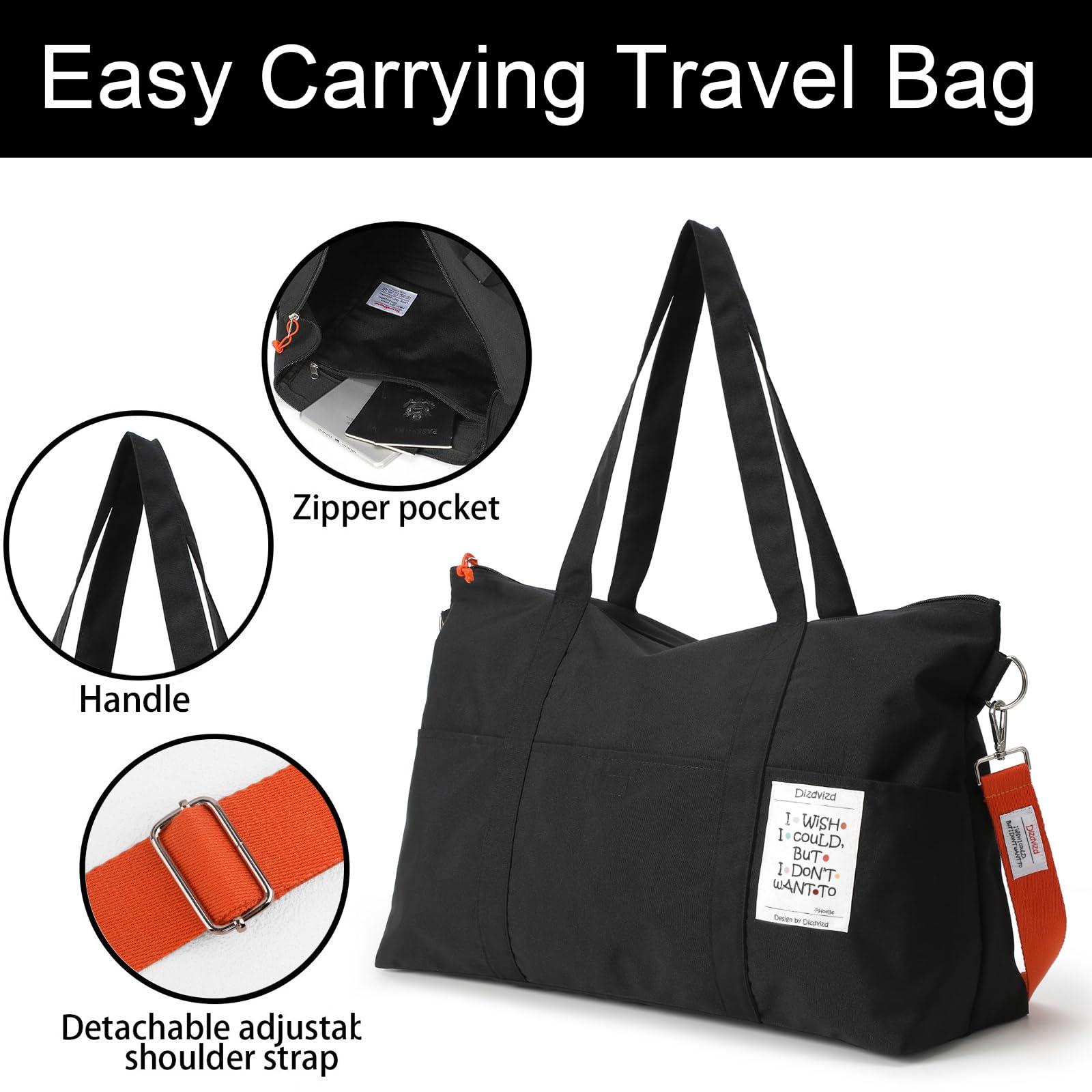Borsa da Viaggio, Grande Capacità Borsa Sportiva per Donna, Piegabili Borsa Ospedale con Cerniera, Nylon Borsa Palestra Piccola, Borsa Cambio Neonato - Nero