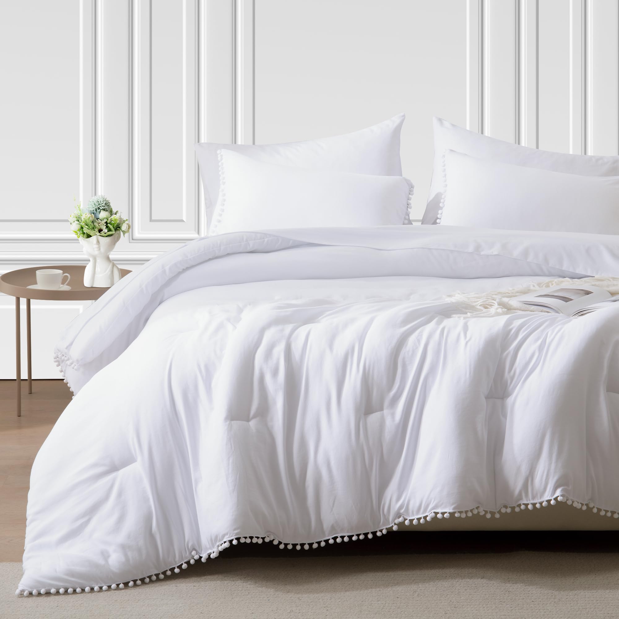 GRT Queen Bed in a Bag 7-Pieces Reversible Comforter Set Queen, Pom Pom Fringe Bedding Comforter Set White Bed Set with Comforter, Pillow Shams, Flat Sheet, Fitted Sheet and Pillowcases