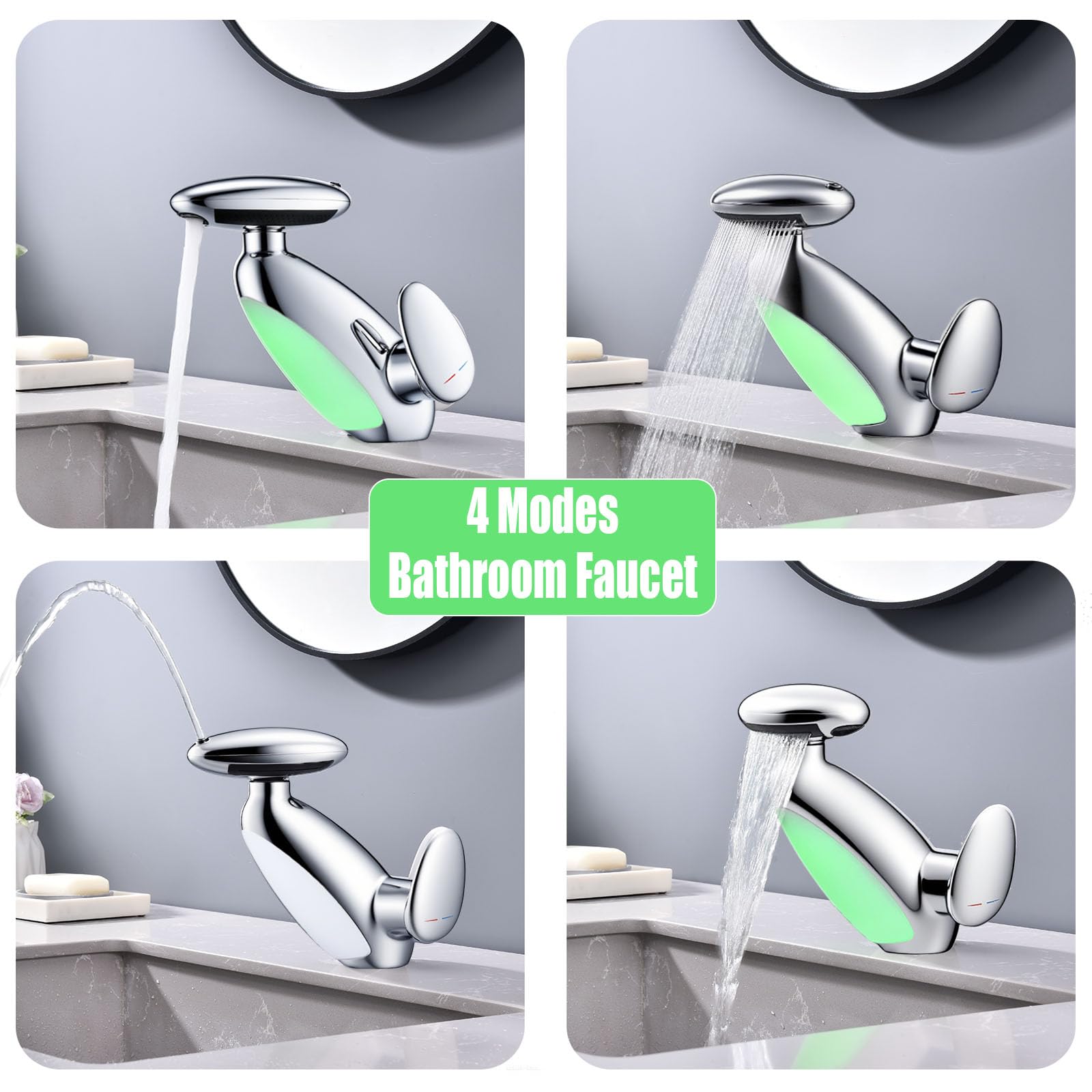Rubinetto per lavabo a LED con doccia estraibile, rubinetto per bagno a cascata 4 in 1 moderno, miscelatore per bagno a LED monoforo, rubinetto per lavabo,Cromo