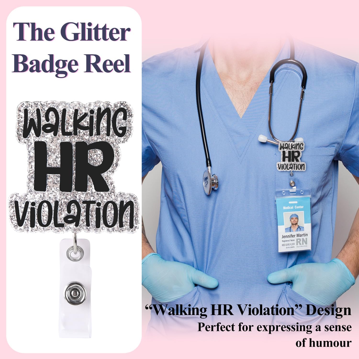 Funny Badge Reel, Badge Clip Retractable Cute Badge Holder for Nurse, Walking HR Violation Name Badge Reel Retractable with Swivel Alligator Clip (Silver) - Image 2