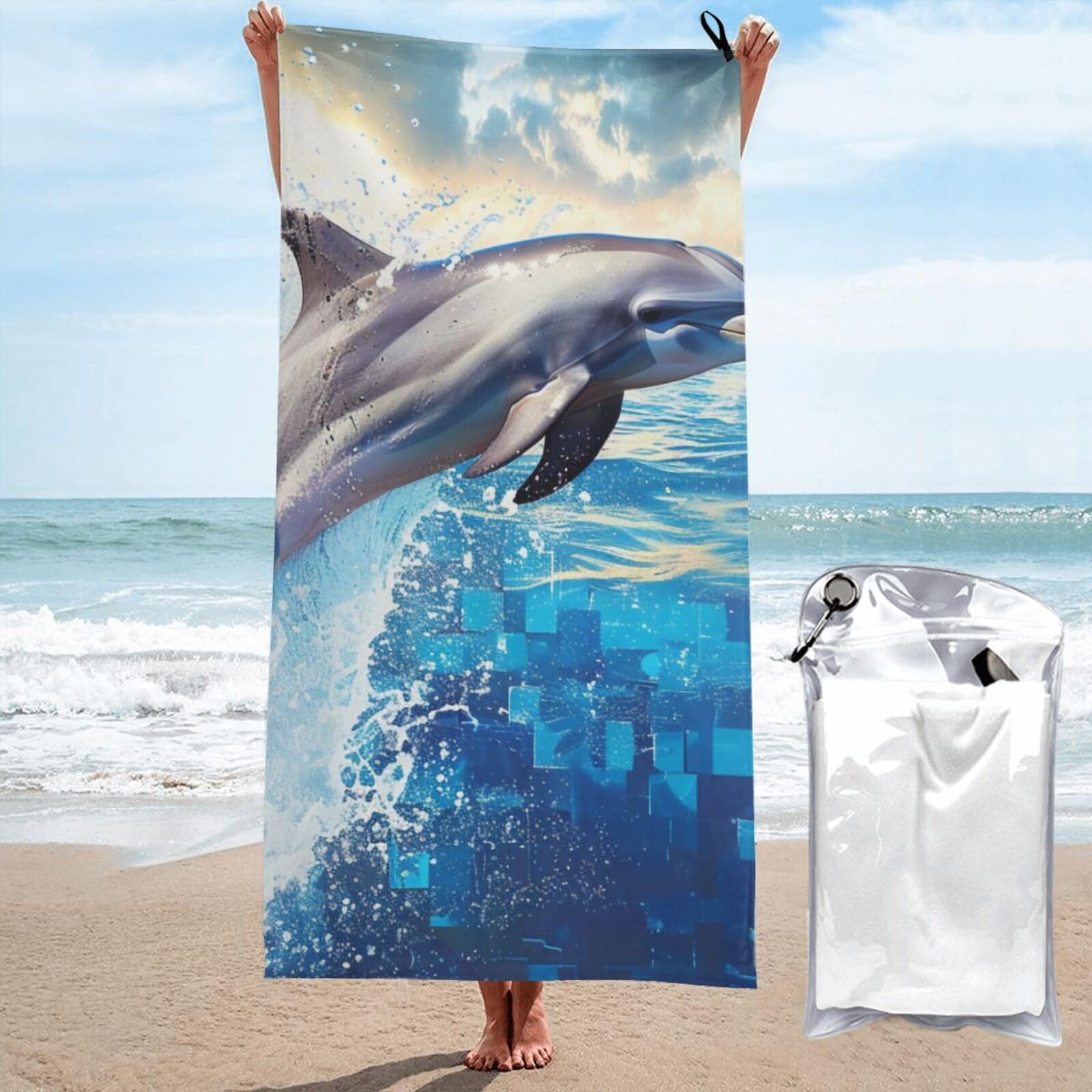 BWWHCCTI Dolphin Printed Microfiber Quick Dry Beach Towel 80x160 CM, Fast Drying Bath Towels with Bags for Travel,Camping,Gym,Beach,Swimming,Yoga