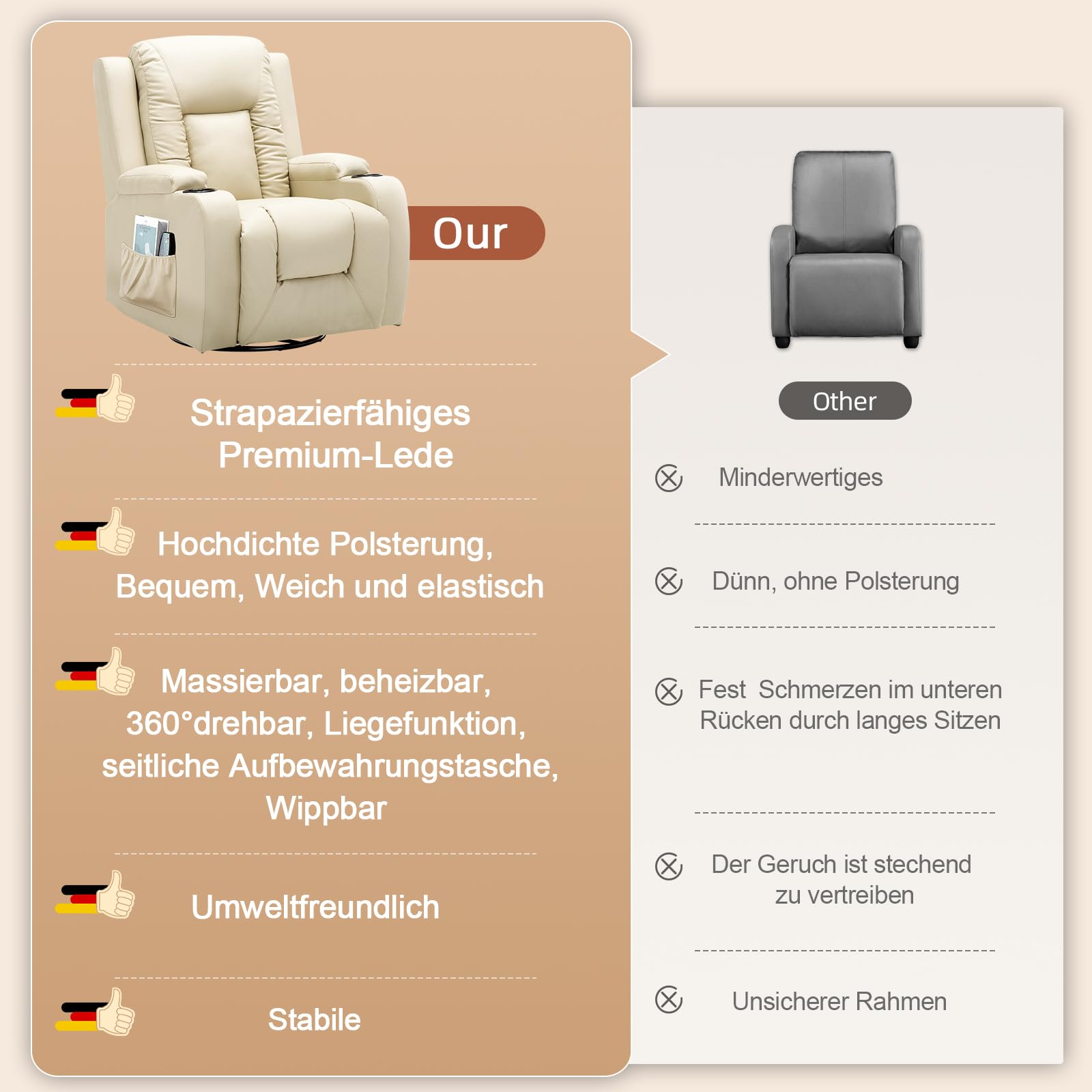 COMHOMA Fauteuil de relaxation avec dossier réglable et repose-pieds, fauteuil de salon pivotant à 360° en cuir synthétique avec porte-gobelets et poches latérales, soutien ergonomique pour tout le