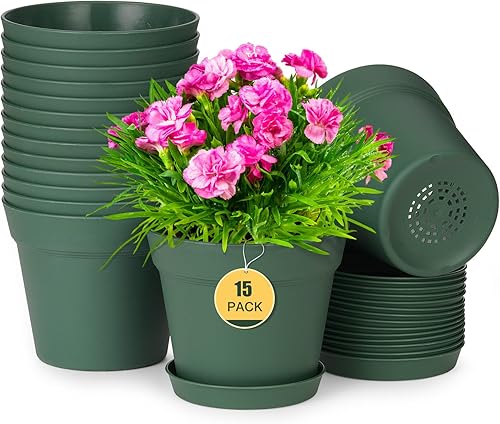 homenote Macetas, paquete de 15 macetas de 6 pulgadas con múltiples agujeros de drenaje y platillos, macetas de plástico para todas las flores de