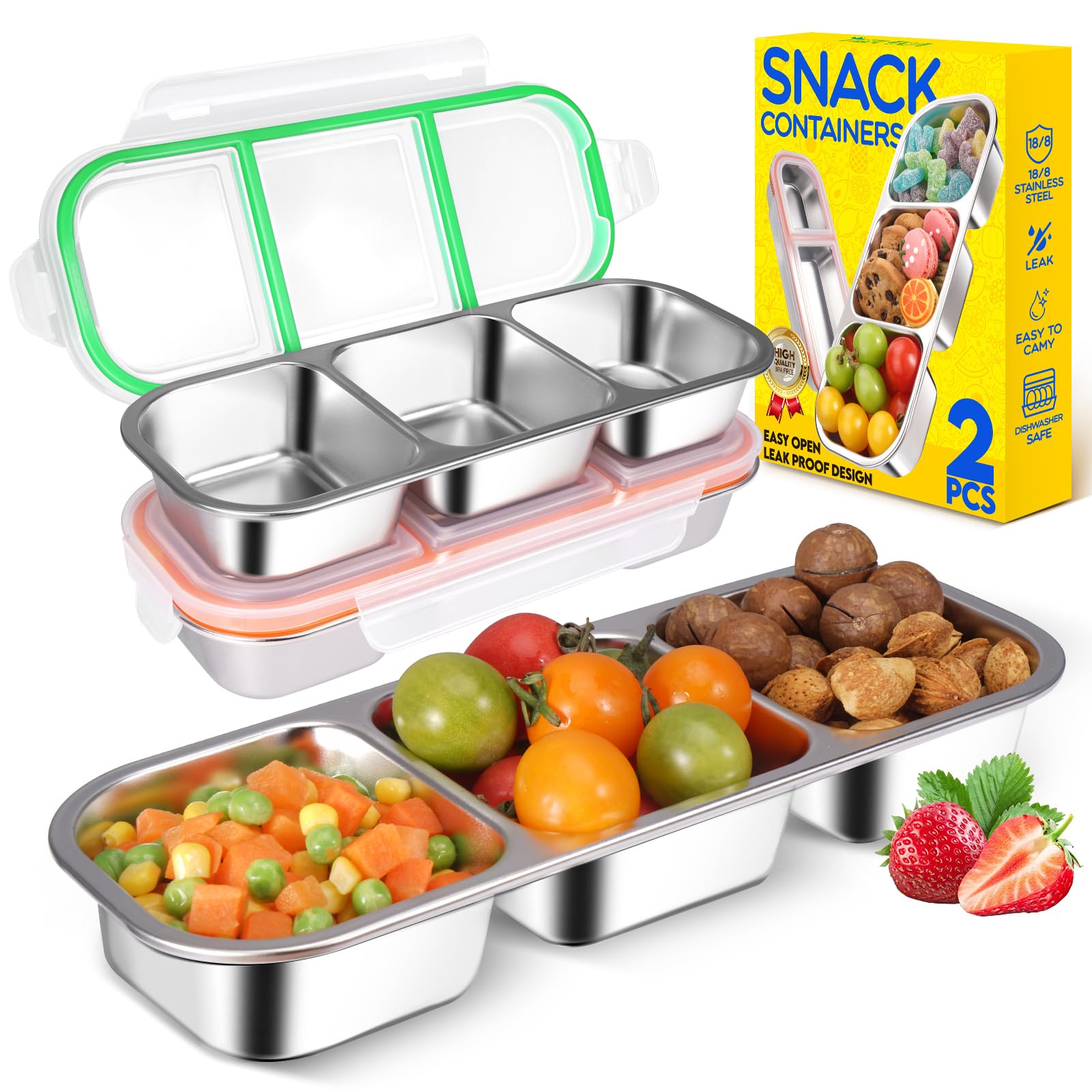 2Pack Stainless Steel Snack Containers for Kids Adults, Reusable 3 Compartment Snackle Box Container with Leakproof Lids Metal Bento Lunch Food Snack Boxs for Travel Picnics Camping Office School-image-38