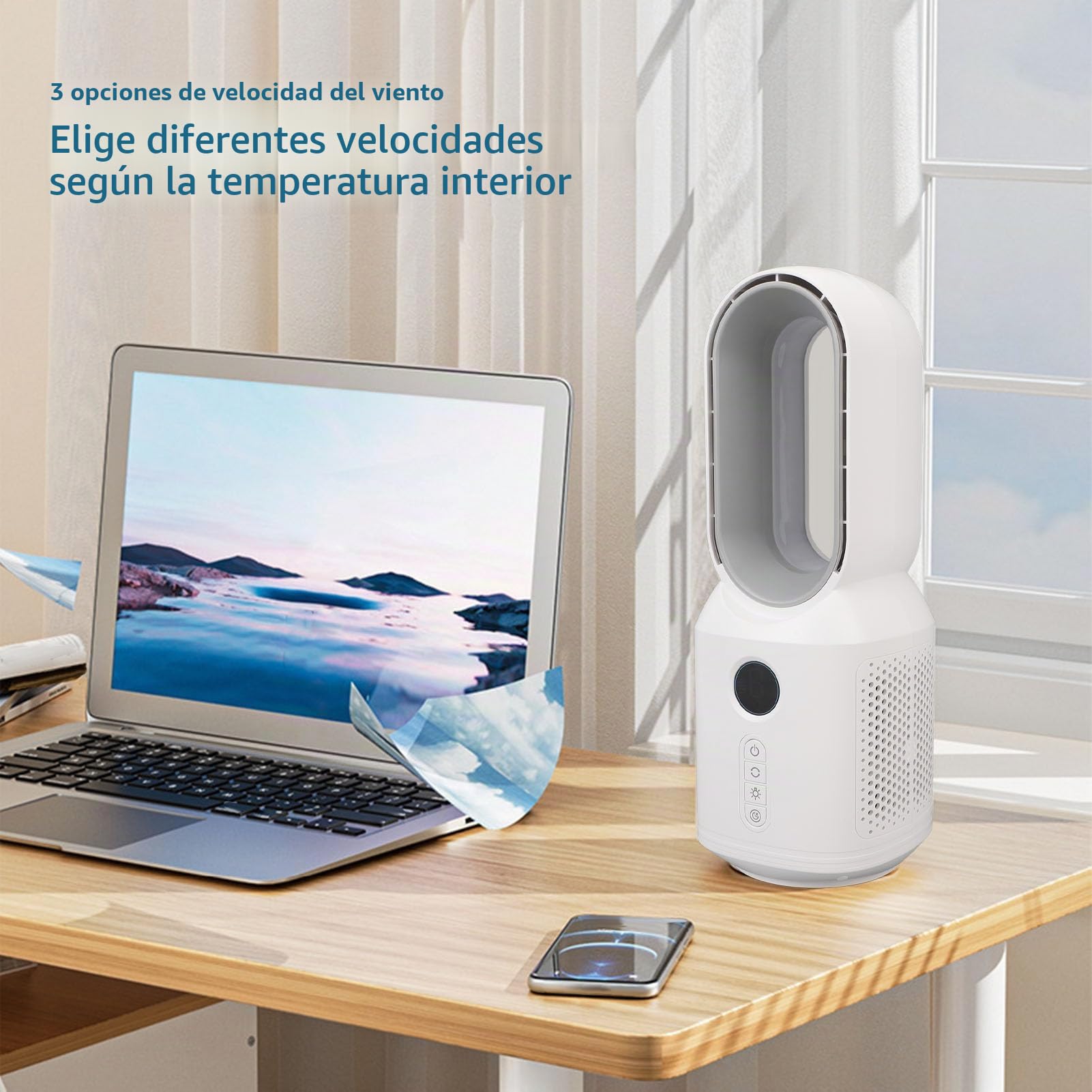 Asixxsix Ventilador de Escritorio sin Aspas, Ventilador Oscilante de 3Velocidades, Ventilador de Escritorio Recargable de 106° con Luz Nocturna LED, Pequeño Ventilador de Oficina Silencioso