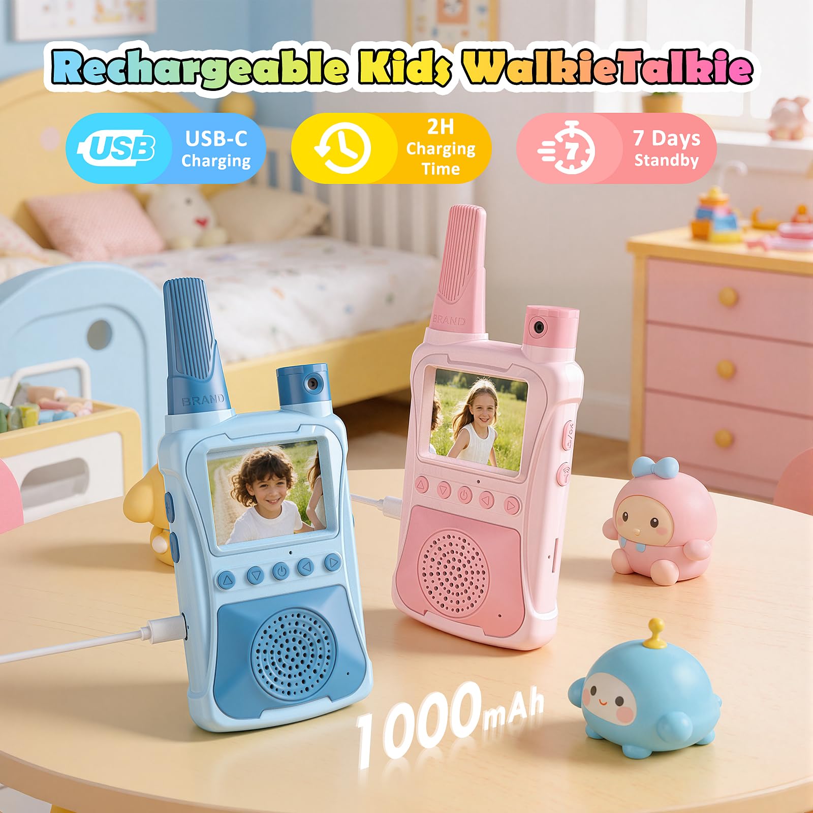 Walkie Talkie dla Dzieci z Kamerą, z Akumulatorem 1000mAh, Zasięg 500M, Prezent na Urodziny Święta Bożego Narodzenia Zabawka dla Chłopców, Dziewczynek w Wieku 3-12 Lat (Niebieski+Różowy)