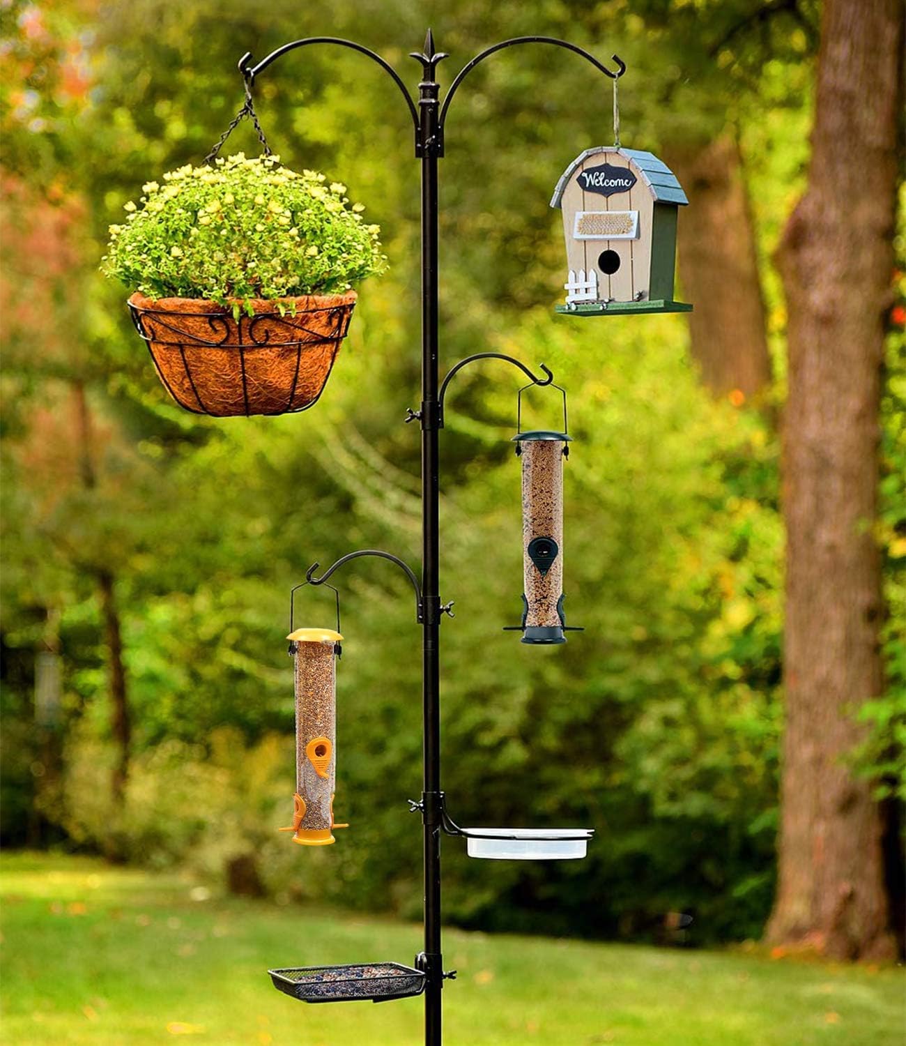 Premium Bird Feeding Station with 2 Bird Feeders Included for Outside - Multi Feeder Pole Stand Kit with 4 Hangers, Bird Bath and 5 Prong Base for Attracting Wild Birds - 22 Inch Wide x 91 Inch Tall