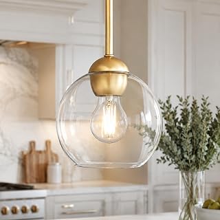 Emak Modern 7 Inch Globe Pendant Lights, Industrial Gold Pendant Light Fixtures, 1-Light Hanging Lights with Clear Glass Shade for Kitchen Island, Bedroom, Bathroom, Dining Room, Hallway, PL119-GD