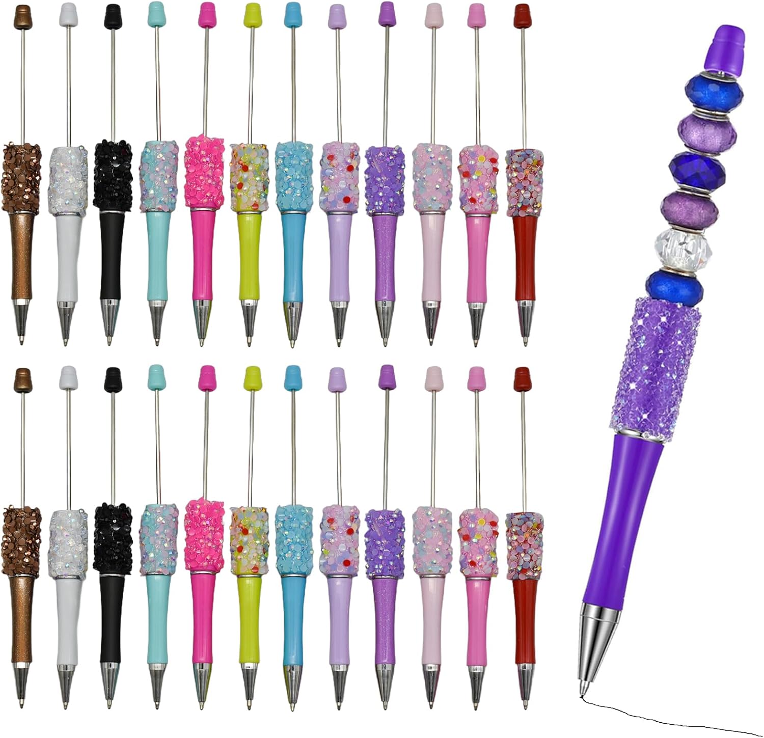 Maydahui 36 PCS Petal Glitter Beadable Ballpoint Pens Retractable Diamond Bead Pen Plastic Handmade DIY Bling Pens Cool Shaft Beaded Pen Black Ink for DIY Making Party Office (Beads Not Included)