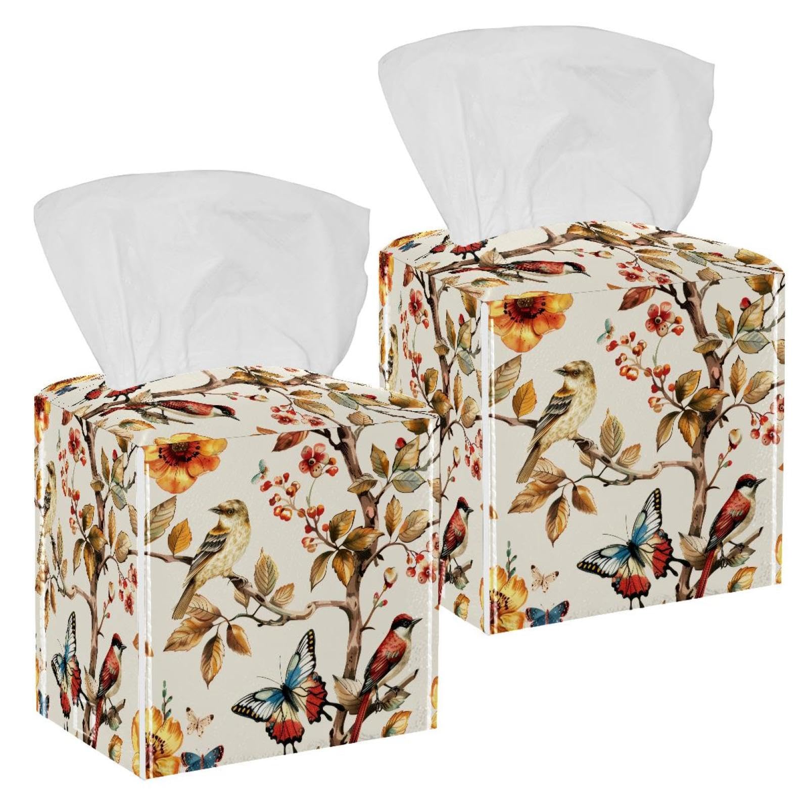 Artistic Leaves Tissue Box Cover, 2 Pack PU Leather Square Facial Tissue Dispenser Box holder for Home Office Car