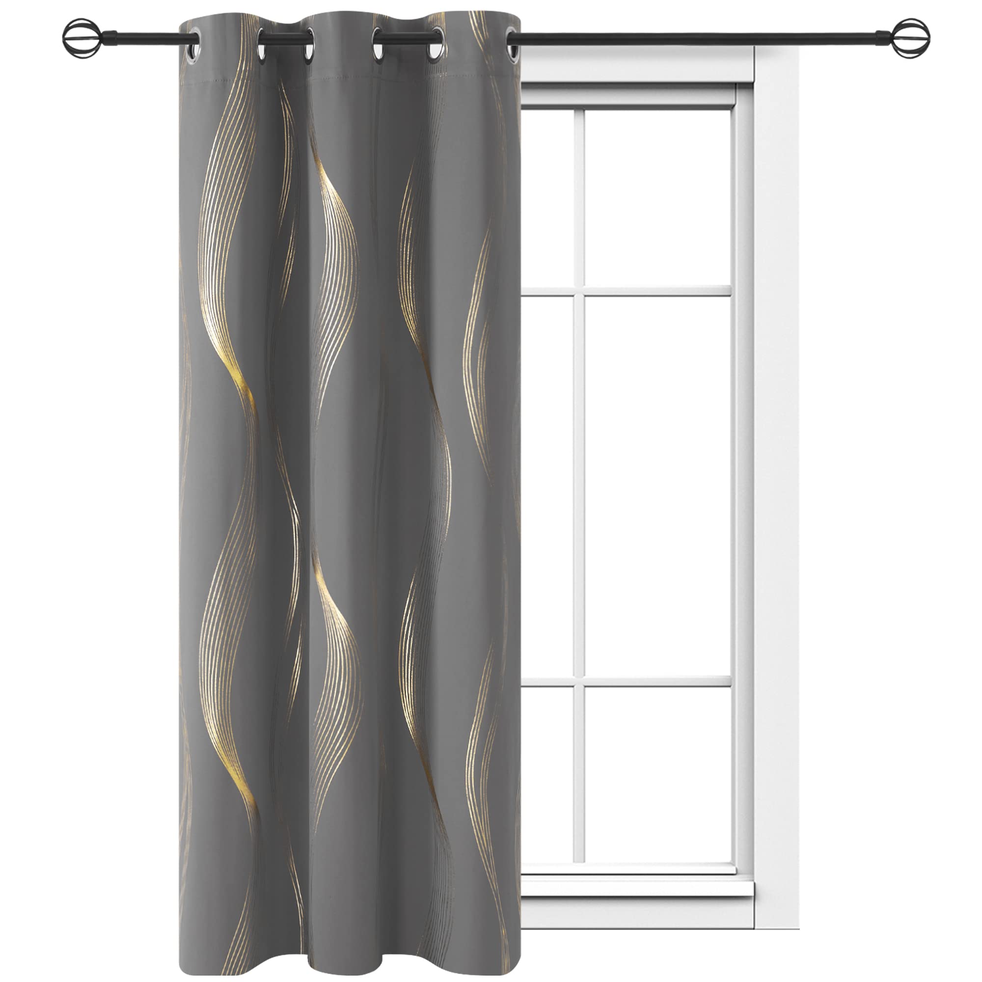 DeconovoStriped Golden Foil Grommet Blackout Curtains Without Tiebacks 1 Panel Dark Grey 42x54 Inch