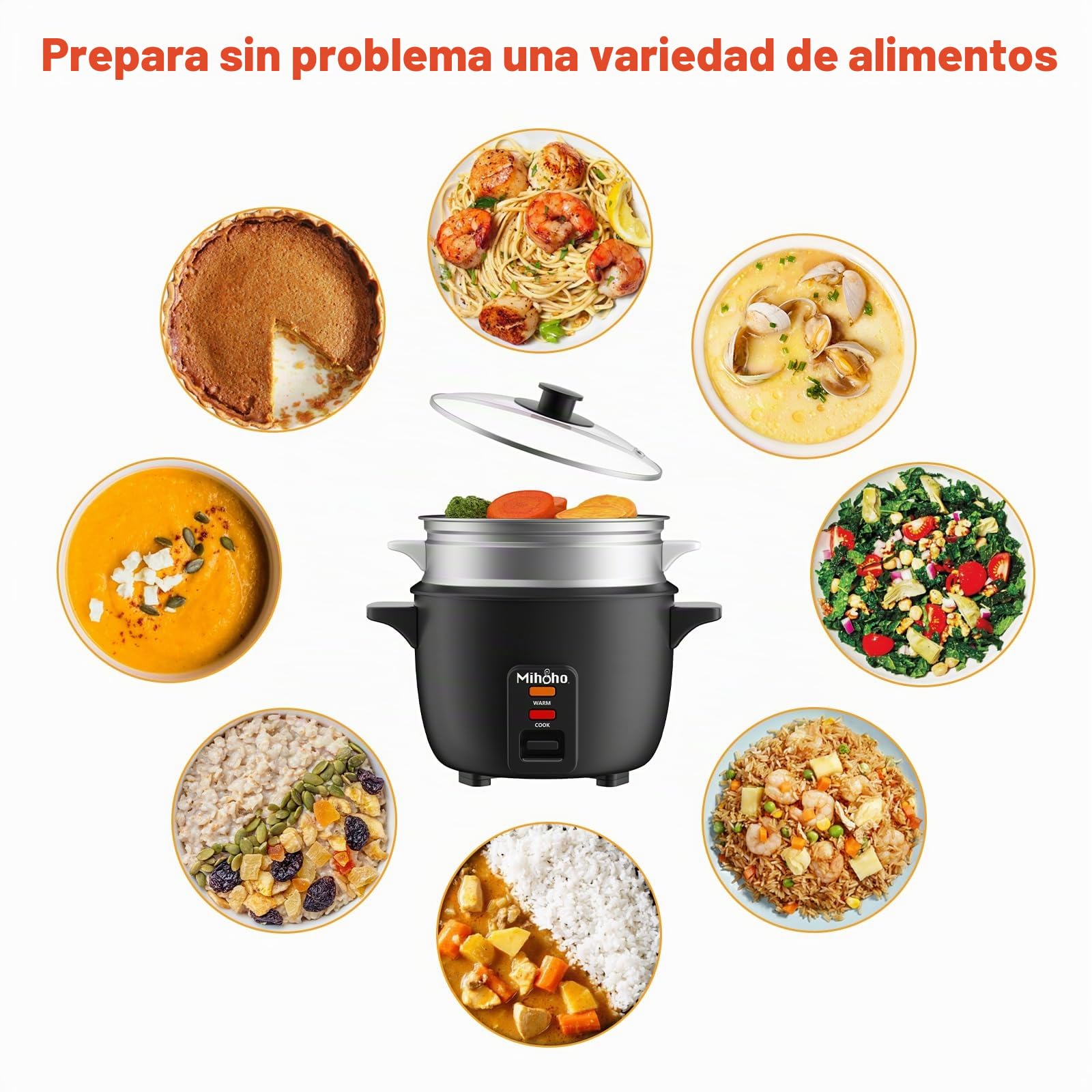 Arrocera Mihoho, 2 litros con vaporera, antiadherente, prepara sopas, guisos, cereales, mantenimiento en caliente (negro F)