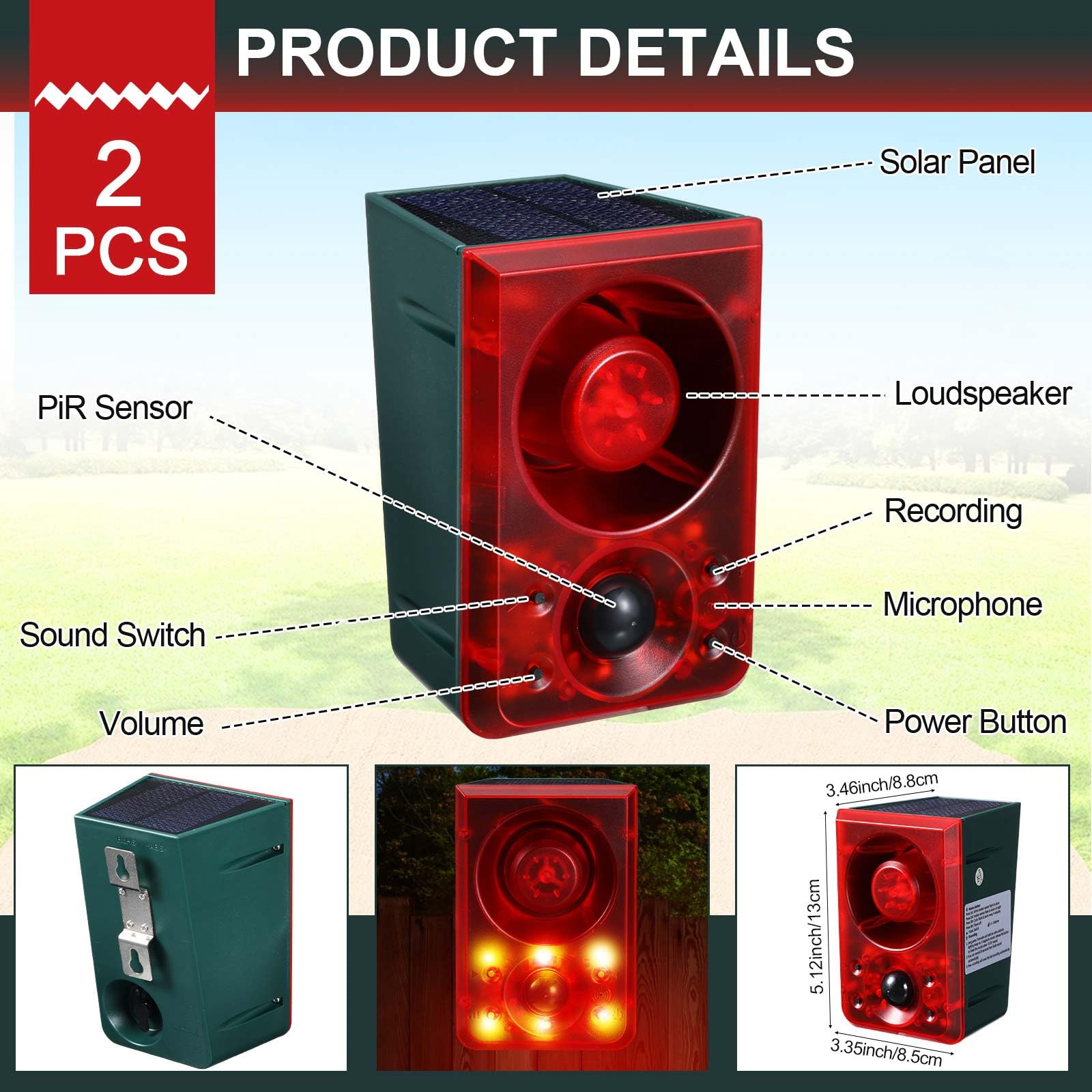 Qualirey 2 sensores de movimiento solares para exteriores, alarma, disuasorio de animales, sonido de disparo, ladridos de perro, 130 dB, 3 modos con control remoto USB, grabación de soporte y ajuste