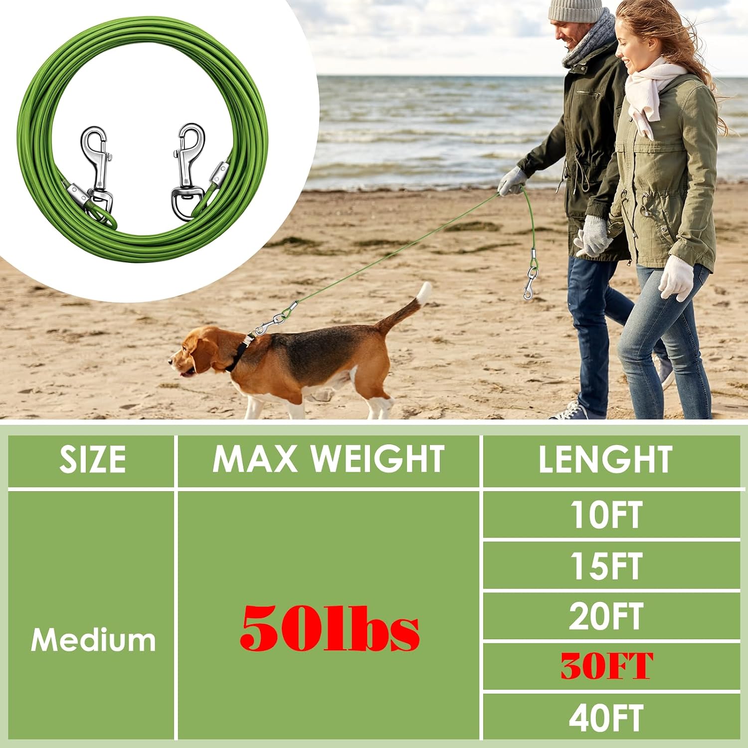 Dog Tie Out Cable, Long Leash for Medium Dogs, 30 Ft, Grass Green | Dog Tie Out Cable Medium Duty; 30 Ft Dog Leads for Yard; Long Leash for Medium Dogs; Outdoor Pet Runner Tether