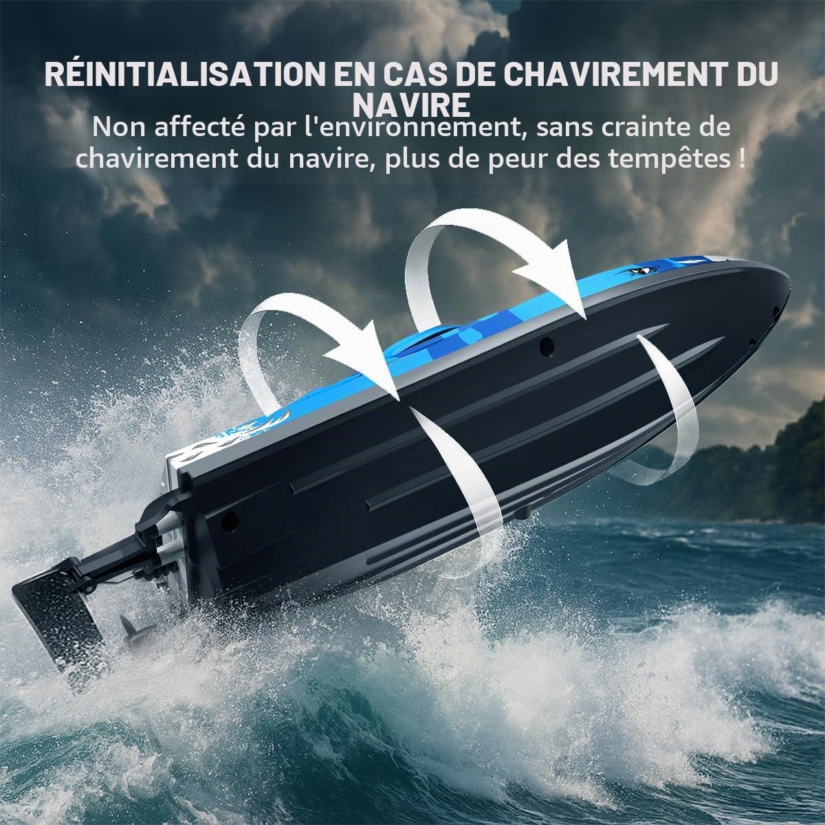 Bateau télécommandé RC 25 km/h étanche 2.4 GHz avec refroidissement par eau, LED, retournement automatique, alarme batterie et portée, 2 batteries incluses, pour enfants et adultes, piscine et lac